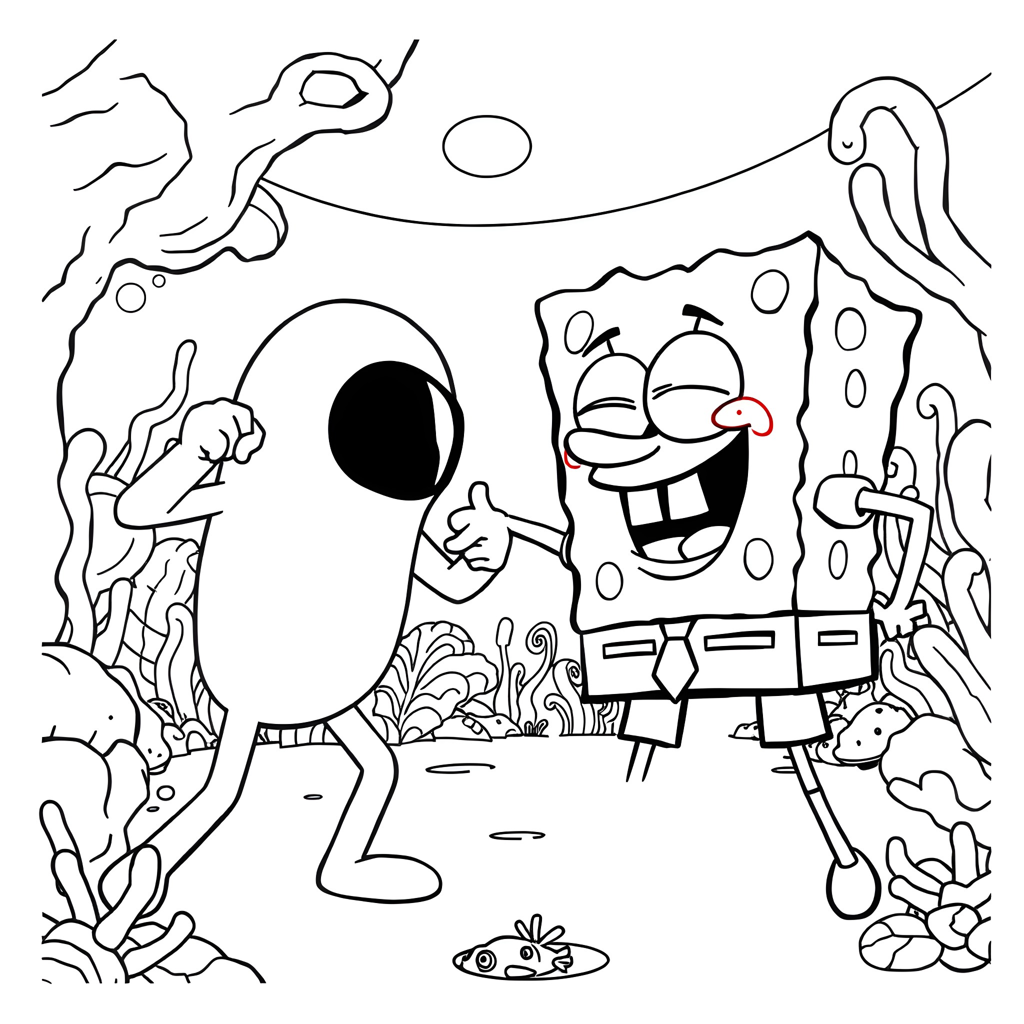 Among Us Cartoon Characters in Amusing Underwater Scene Coloring Page (free black-and-white line drawing printable PDF for all, from beginners to advanced learners, including children, teens, adults, and seniors)