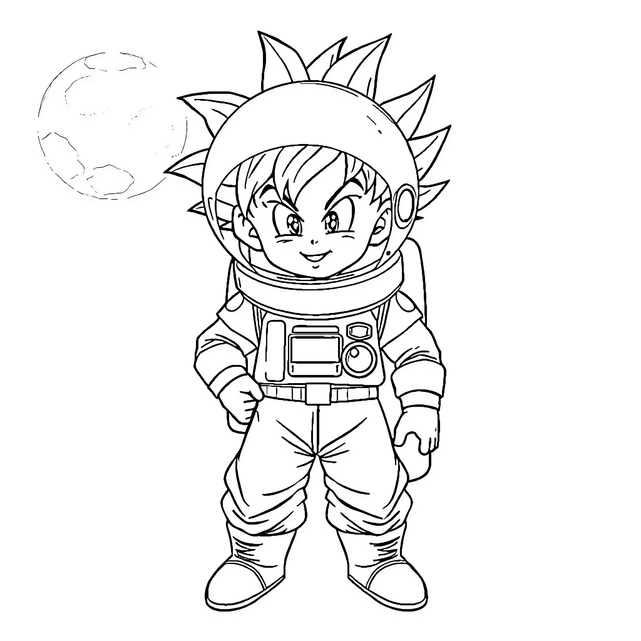 Goku in Astronaut Outfit Exploring the Cosmos Coloring Page (free black-and-white line drawing printable PDF for all, from beginners to advanced learners, including children, teens, adults, and seniors)