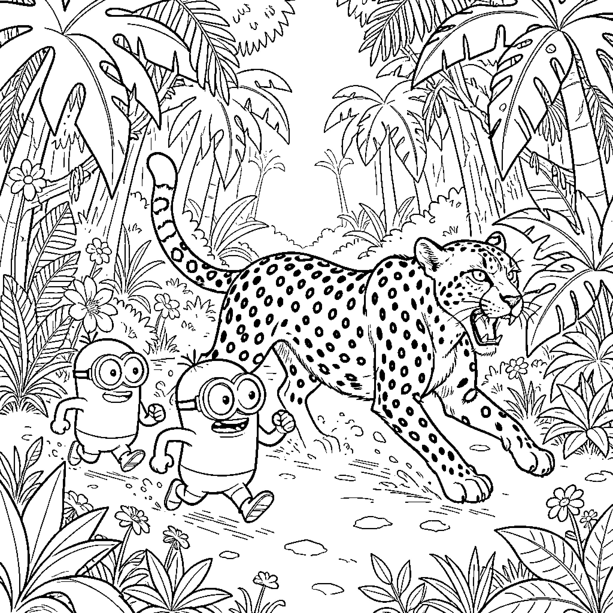 Minions Exploring the Lush Jungle Landscape Coloring Page (free black-and-white line drawing printable PDF for all, from beginners to advanced learners, including children, teens, adults, and seniors)