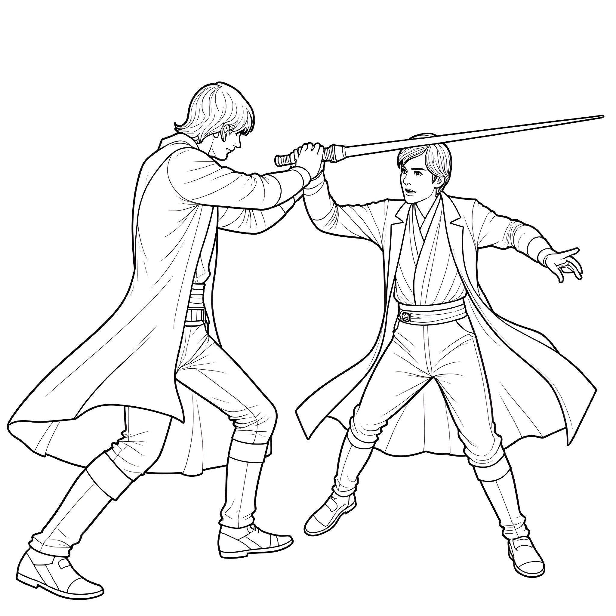 Luke Skywalker battles with a lightsaber Coloring Page (free black-and-white line drawing printable PDF for all, from beginners to advanced learners, including children, teens, adults, and seniors)