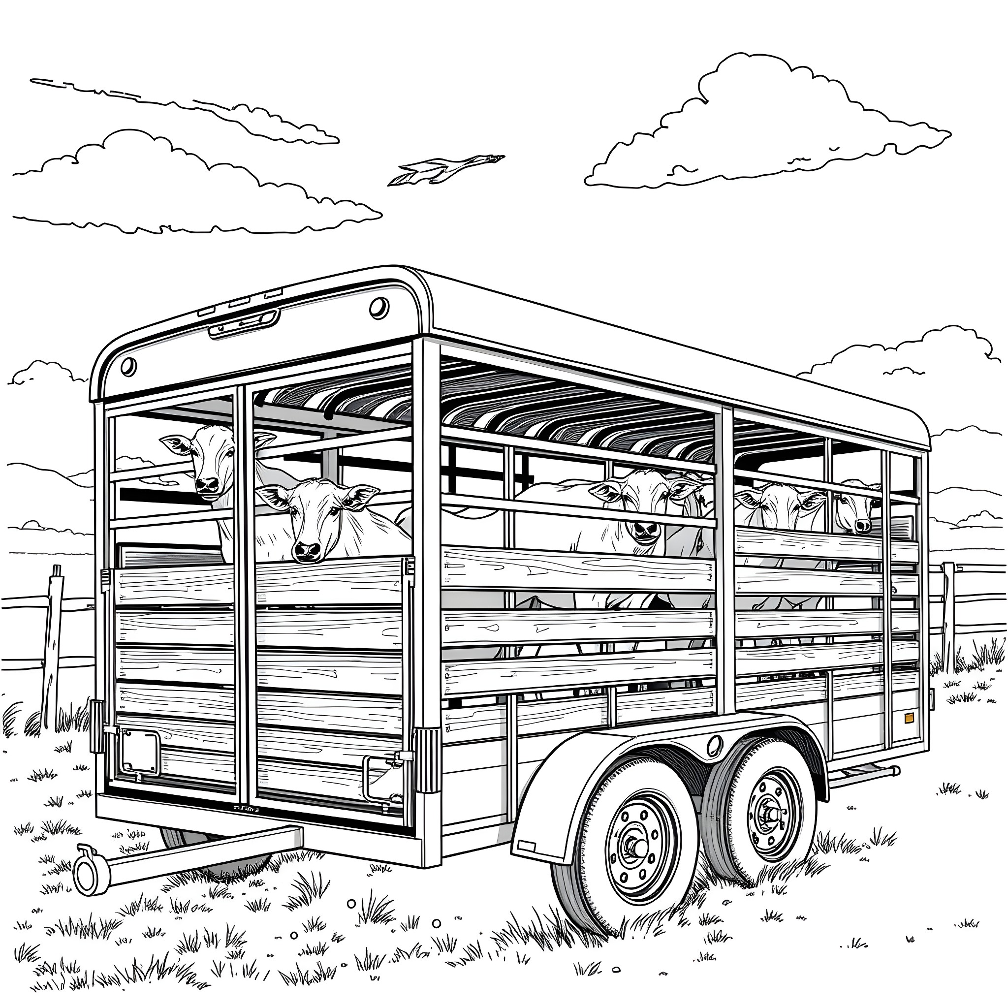 Livestock Trailer Transporting Animals Through Scenic Countryside Coloring Page (free black-and-white line drawing printable PDF for all, from beginners to advanced learners, including children, teens, adults, and seniors)