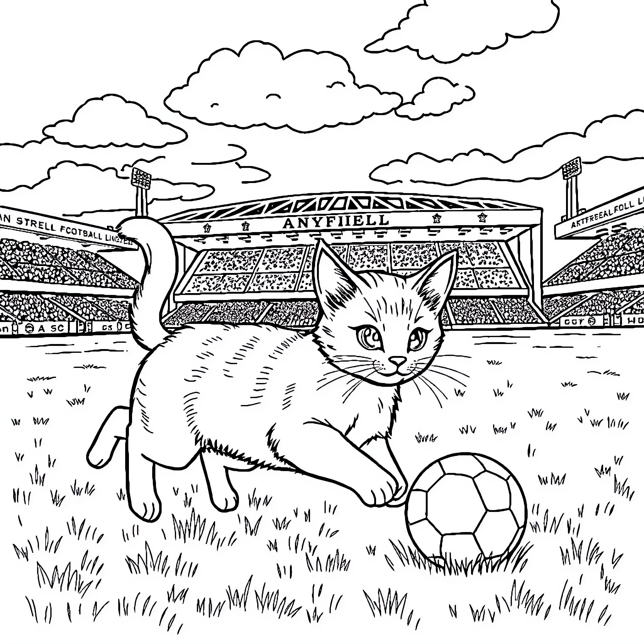 Cat playing with soccer ball in football stadium Coloring Page (free black-and-white line drawing printable PDF for all, from beginners to advanced learners, including children, teens, adults, and seniors)