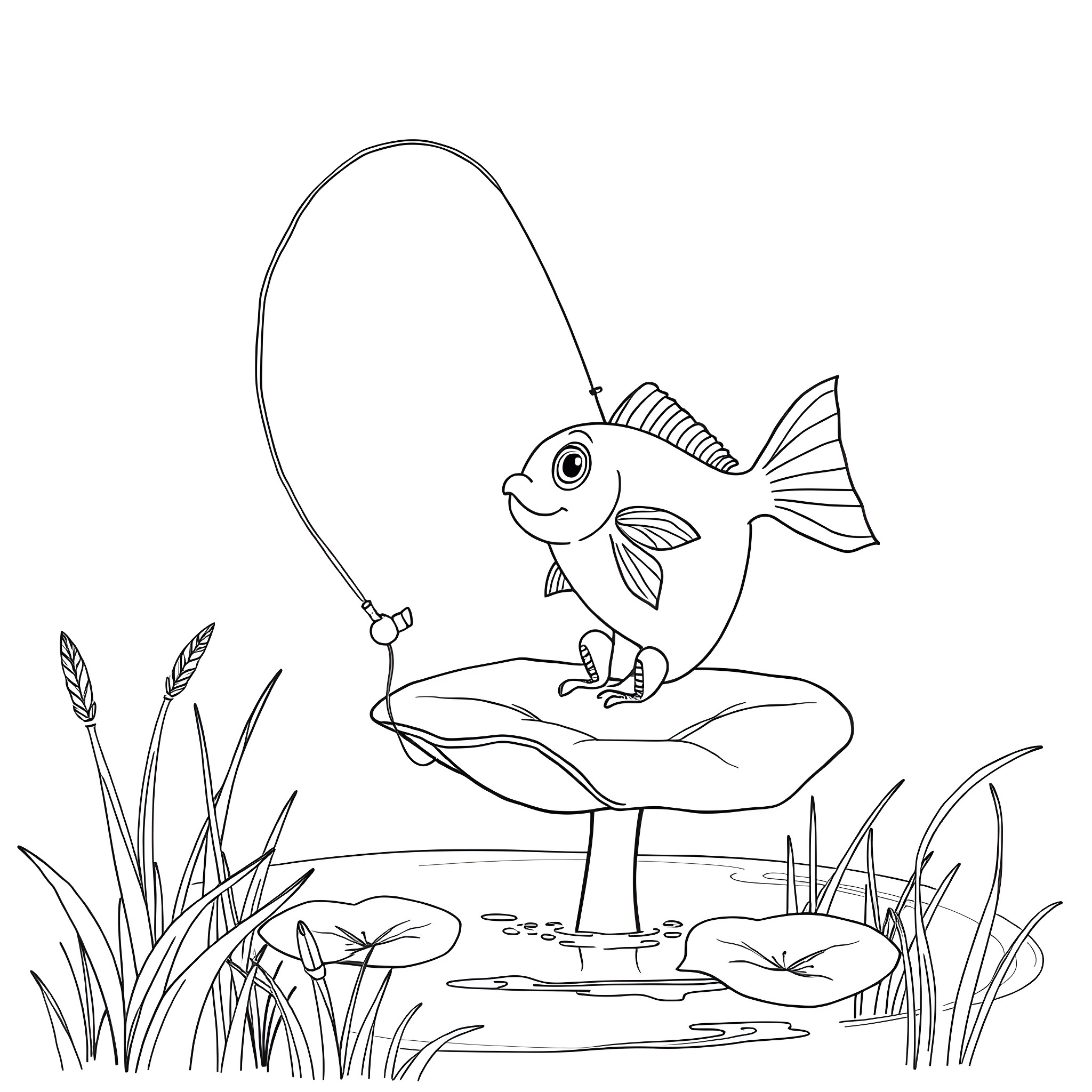 Fish fishing with a hook in a pond Coloring Page (free black-and-white line drawing printable PDF for all, from beginners to advanced learners, including children, teens, adults, and seniors)