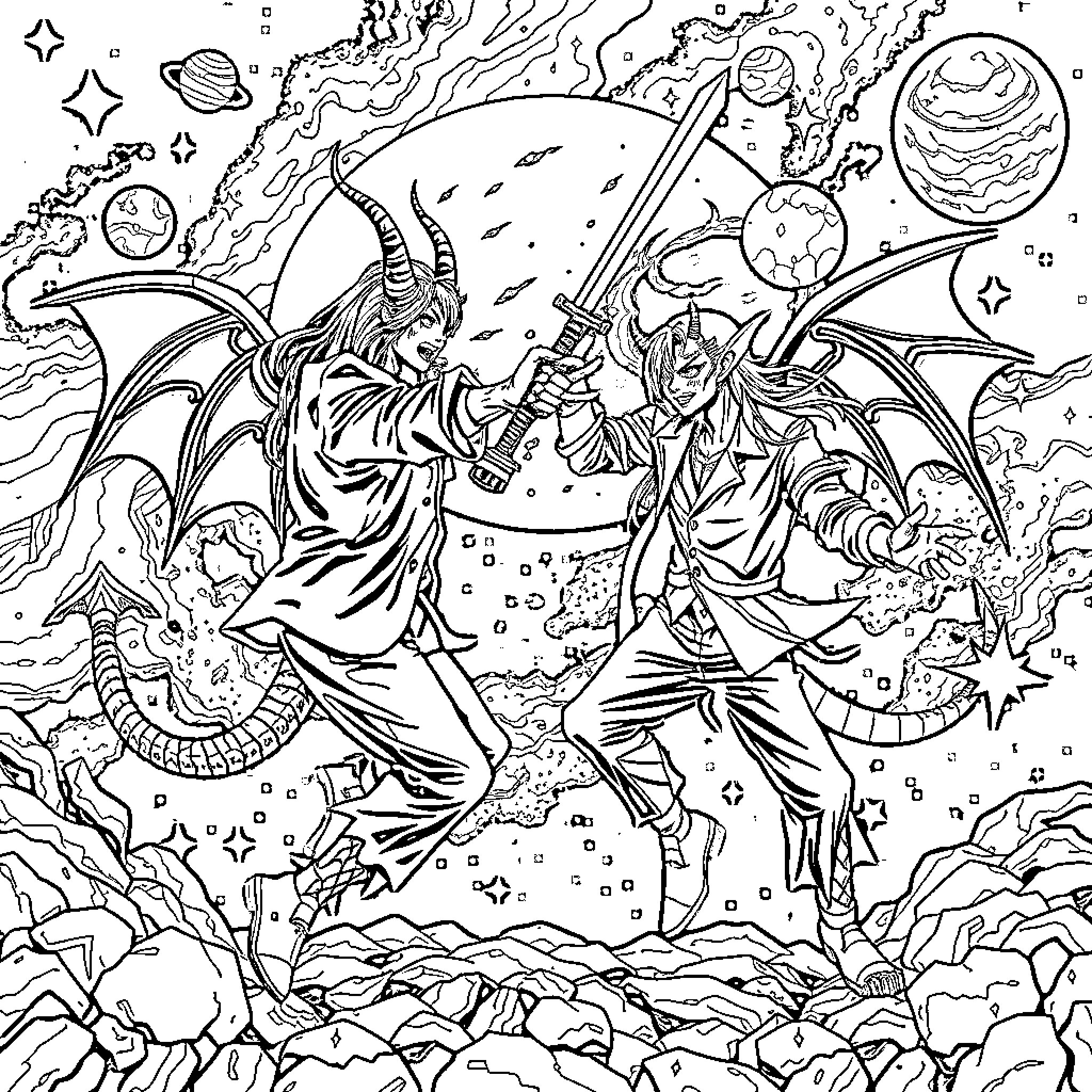 Demon Hunters Battling Fierce Otherworldly Foes Coloring Page (free black-and-white line drawing printable PDF for all, from beginners to advanced learners, including children, teens, adults, and seniors)