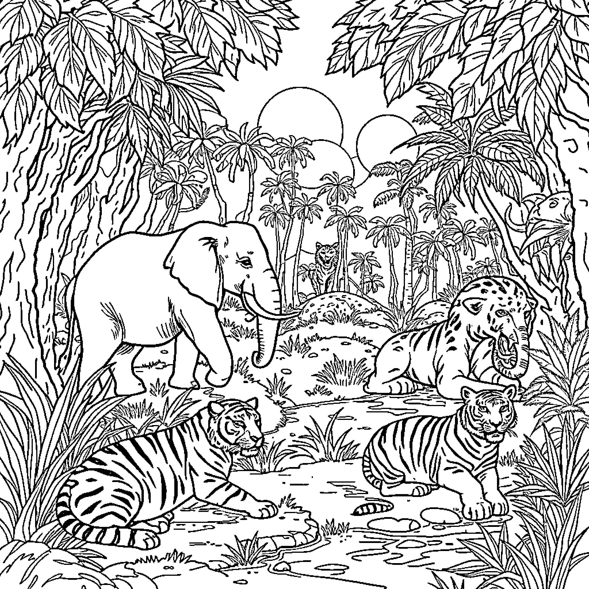 Animal Jungle Scene with Diverse Wildlife Coloring Page (free black-and-white line drawing printable PDF for all, from beginners to advanced learners, including children, teens, adults, and seniors)