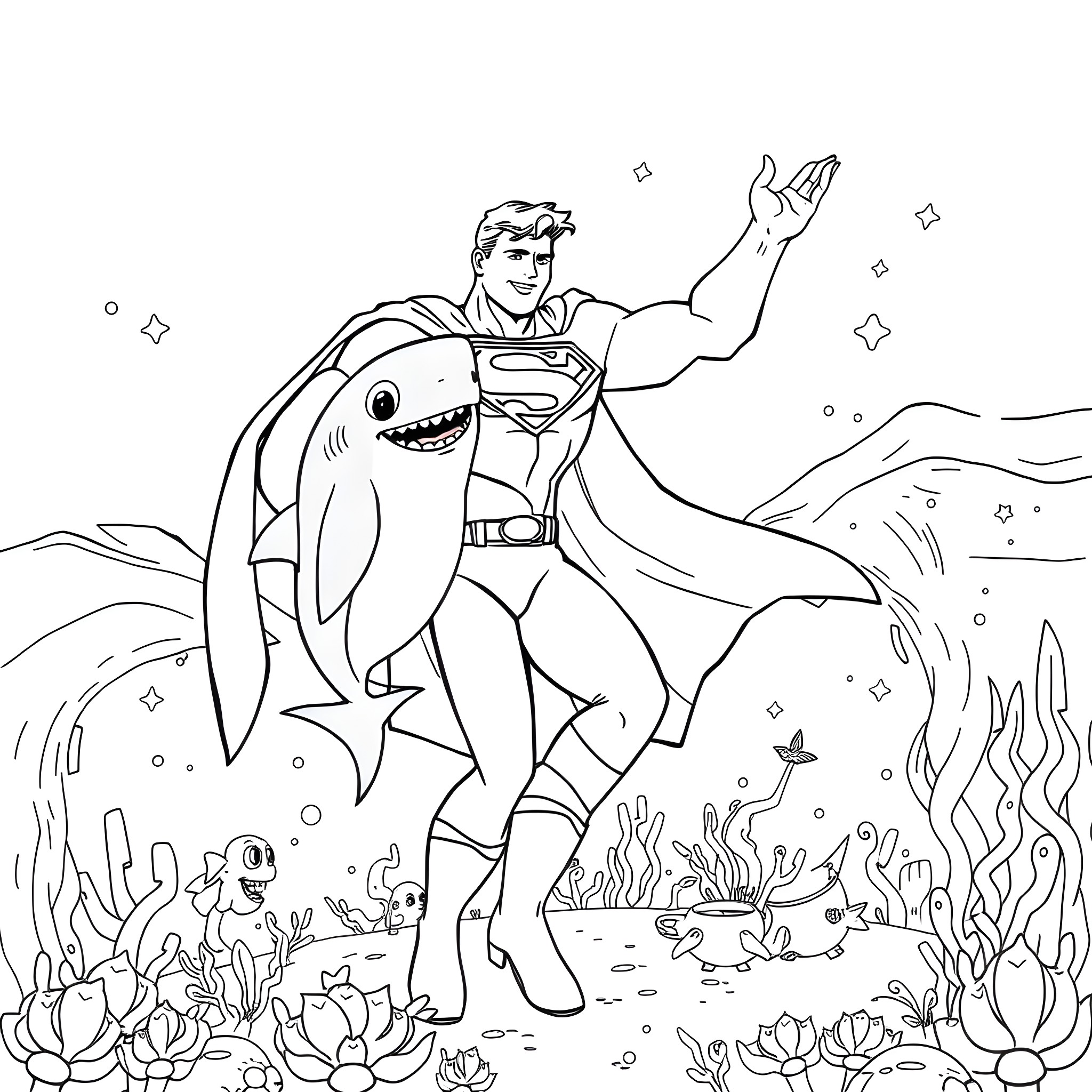 Superman Rescuing Shark from Underwater Adventure Coloring Page (free black-and-white line drawing printable PDF for all, from beginners to advanced learners, including children, teens, adults, and seniors)