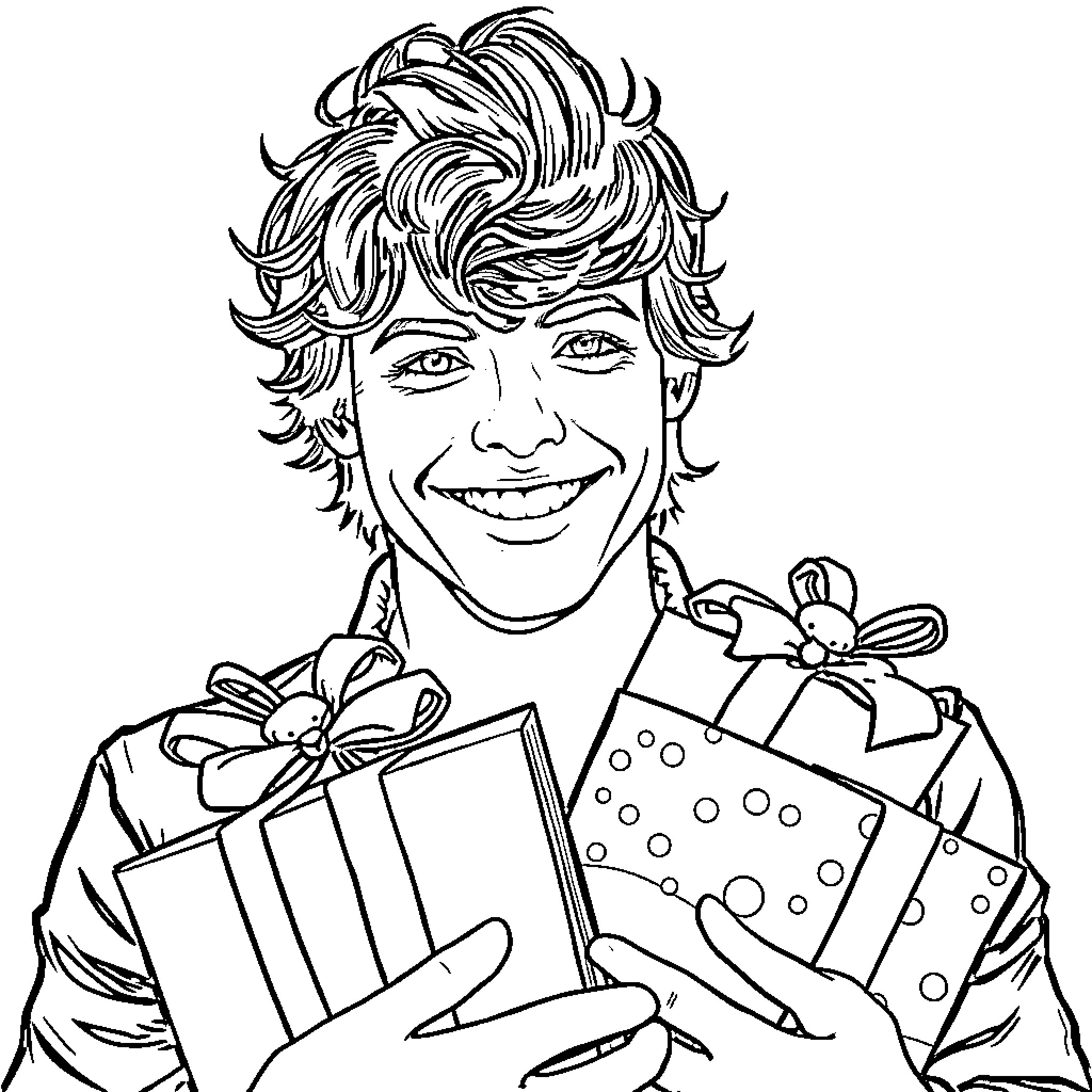Harry Styles holding gifts with a cheerful expression Coloring Page (free black-and-white line drawing printable PDF for all, from beginners to advanced learners, including children, teens, adults, and seniors)