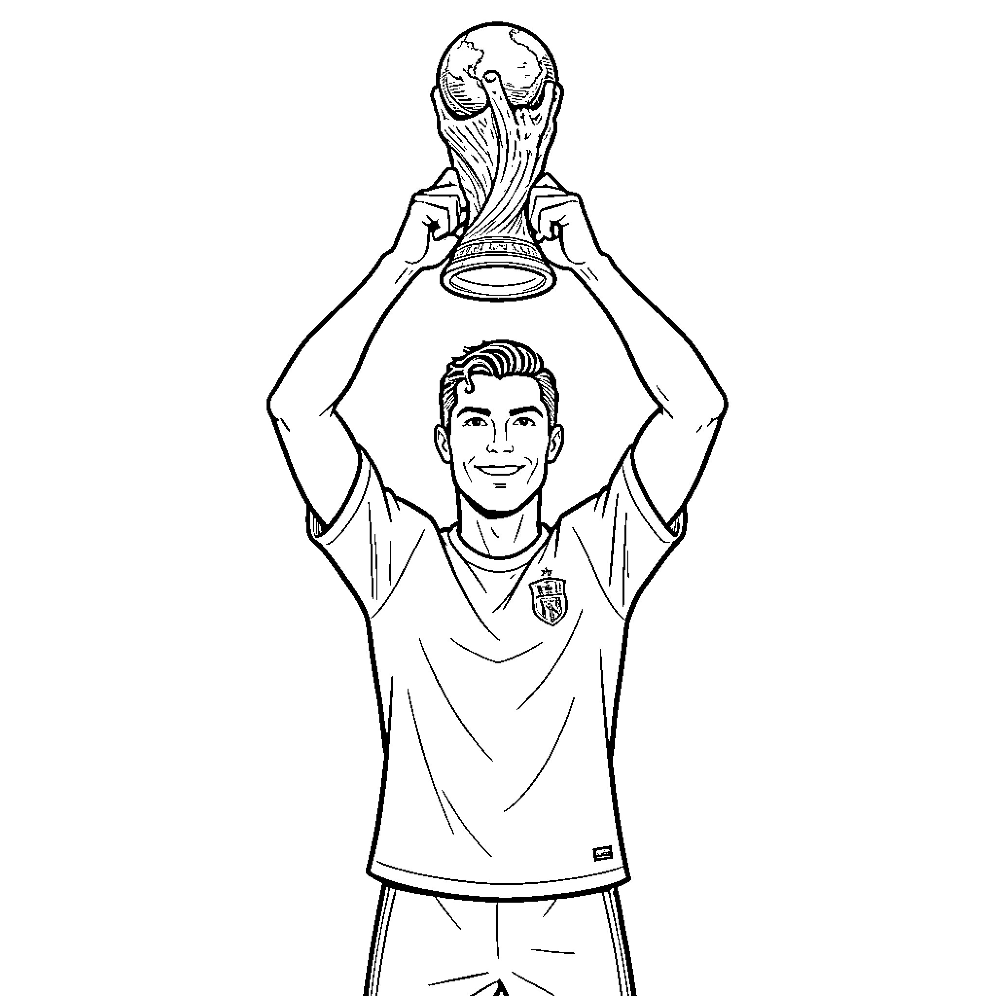 Ronaldo smiling while holding a trophy above his head Coloring Page (free black-and-white line drawing printable PDF for all, from beginners to advanced learners, including children, teens, adults, and seniors)