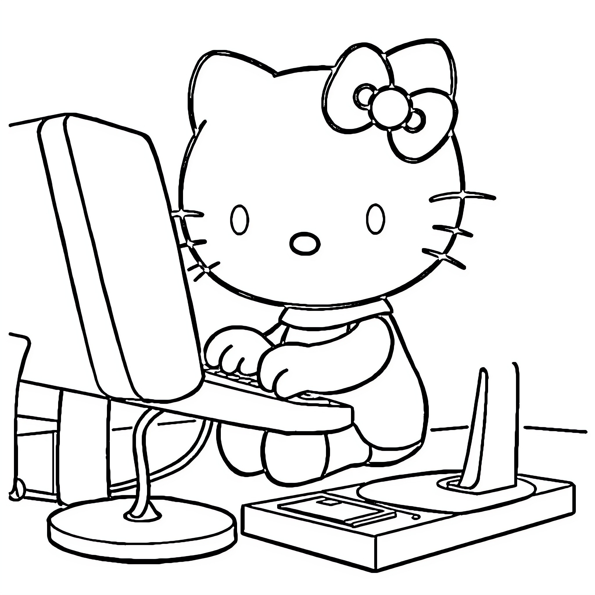 Hello Kitty playing video games Coloring Page (free black-and-white line drawing printable PDF for all, from beginners to advanced learners, including children, teens, adults, and seniors)