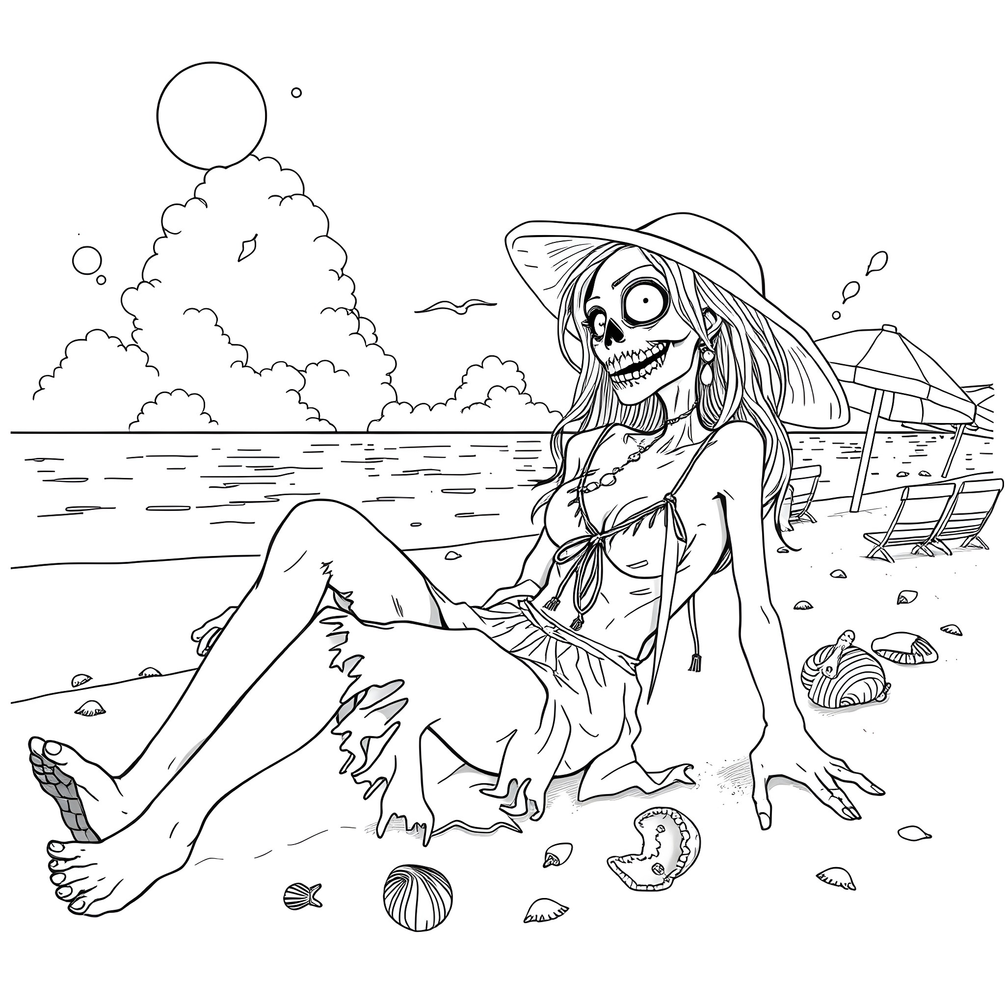 Zombie Girl Relaxing on the Beach Coloring Page (free black-and-white line drawing printable PDF for all, from beginners to advanced learners, including children, teens, adults, and seniors)