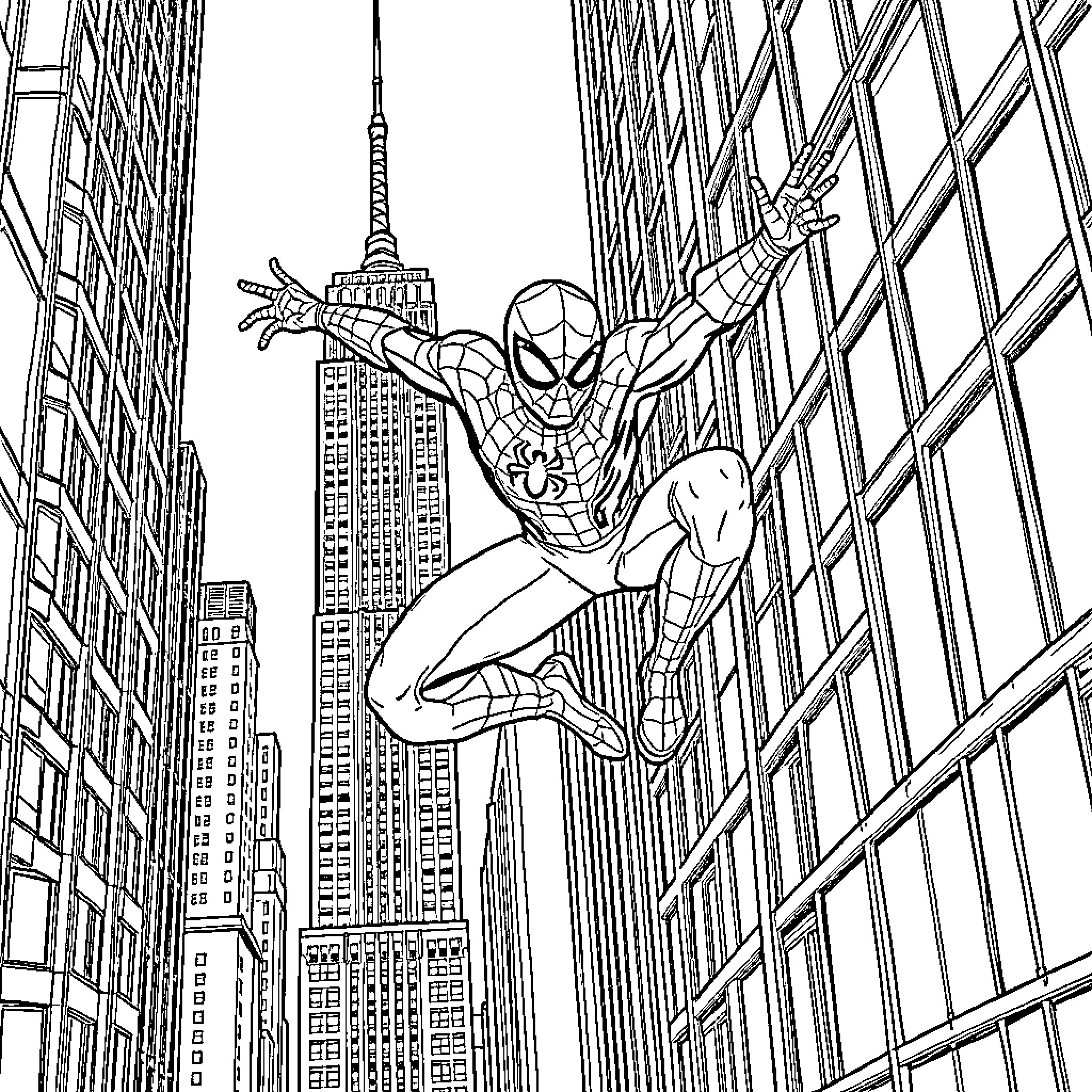 Spider-Man swinging through the city skyline Coloring Page (free black-and-white line drawing printable PDF for all, from beginners to advanced learners, including children, teens, adults, and seniors)