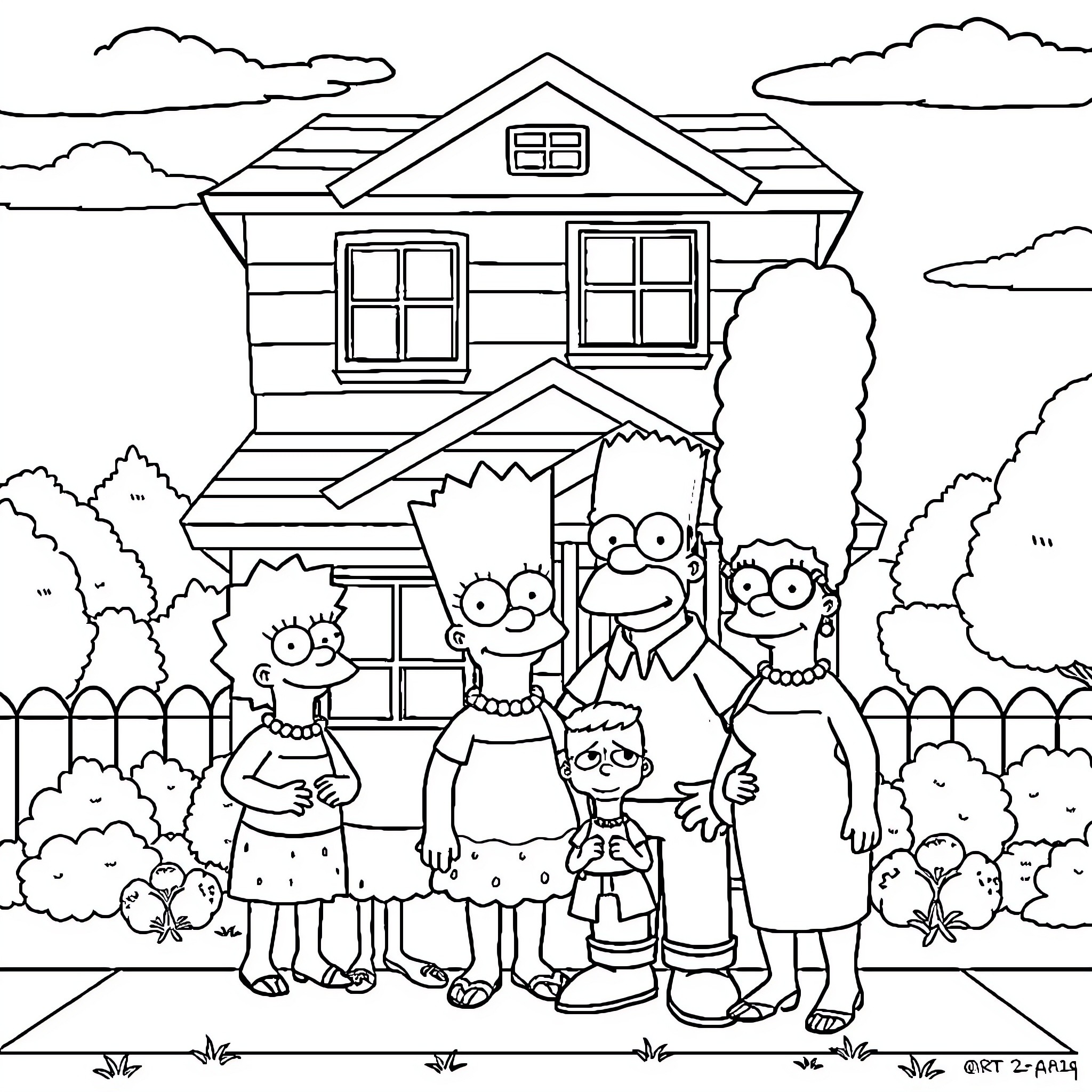 Simpson family in front of their home Coloring Page (free black-and-white line drawing printable PDF for all, from beginners to advanced learners, including children, teens, adults, and seniors)