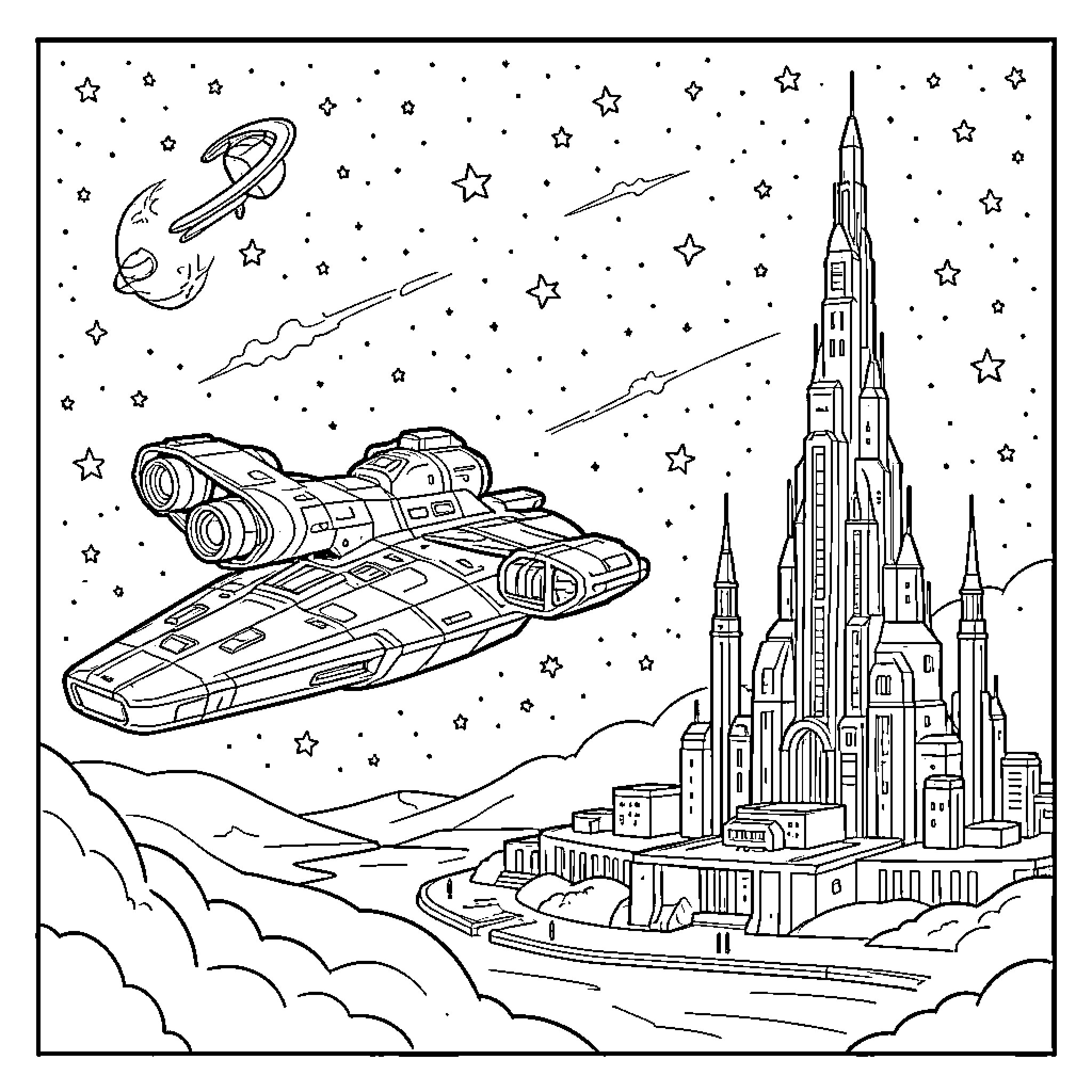 SSV Normandy in a Galactic Adventure Coloring Page (free black-and-white line drawing printable PDF for all, from beginners to advanced learners, including children, teens, adults, and seniors)
