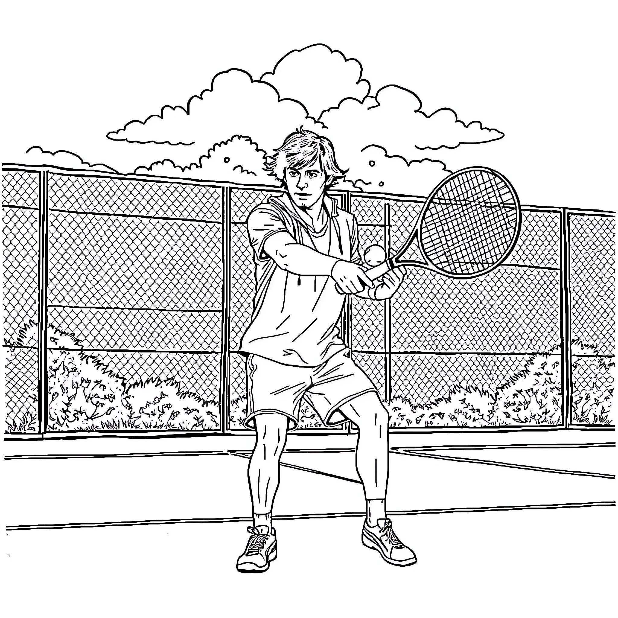 Liam Gallagher playing tennis on the court Coloring Page (free black-and-white line drawing printable PDF for all, from beginners to advanced learners, including children, teens, adults, and seniors)