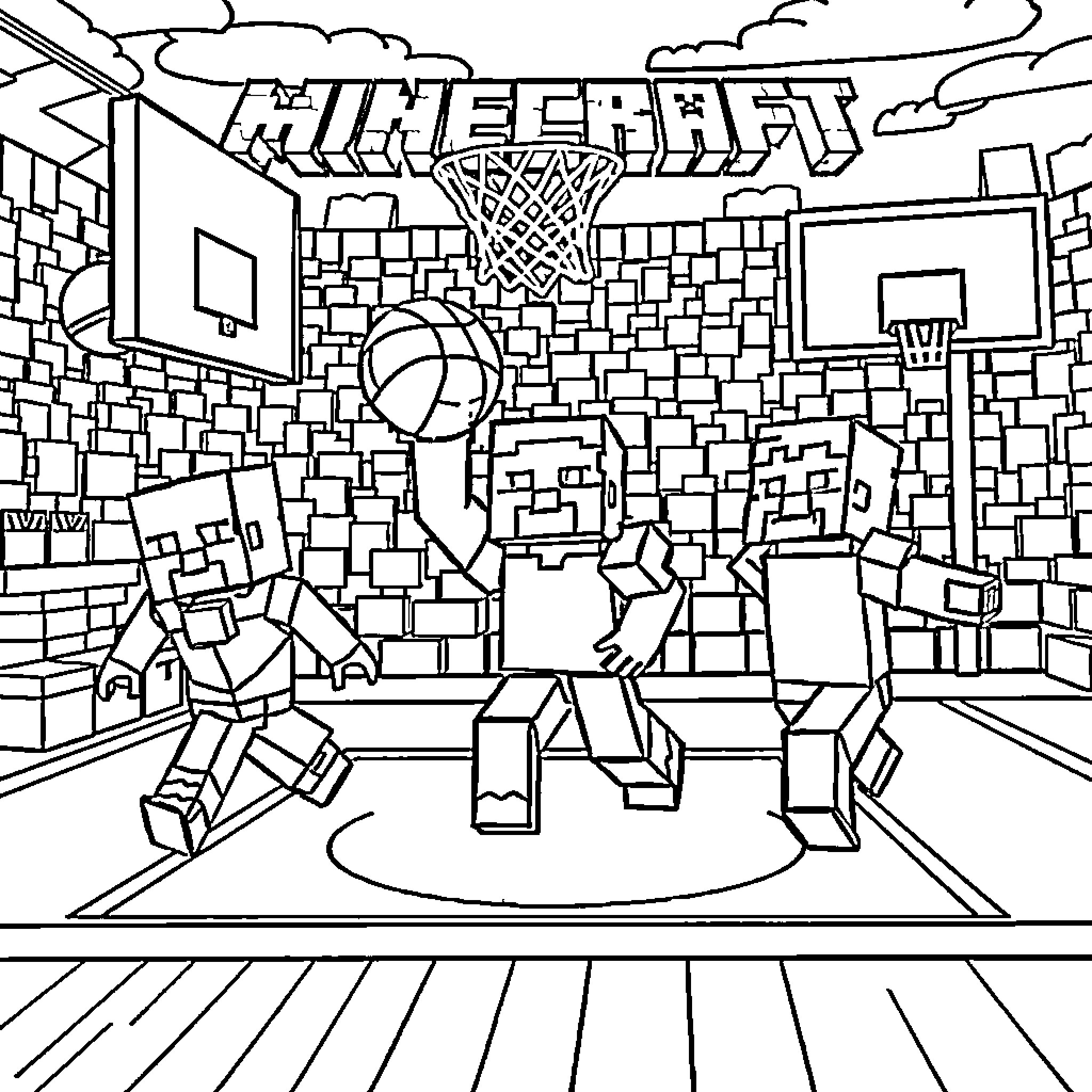 Minecraft Characters Playing Basketball in Court Coloring Page (free black-and-white line drawing printable PDF for all, from beginners to advanced learners, including children, teens, adults, and seniors)