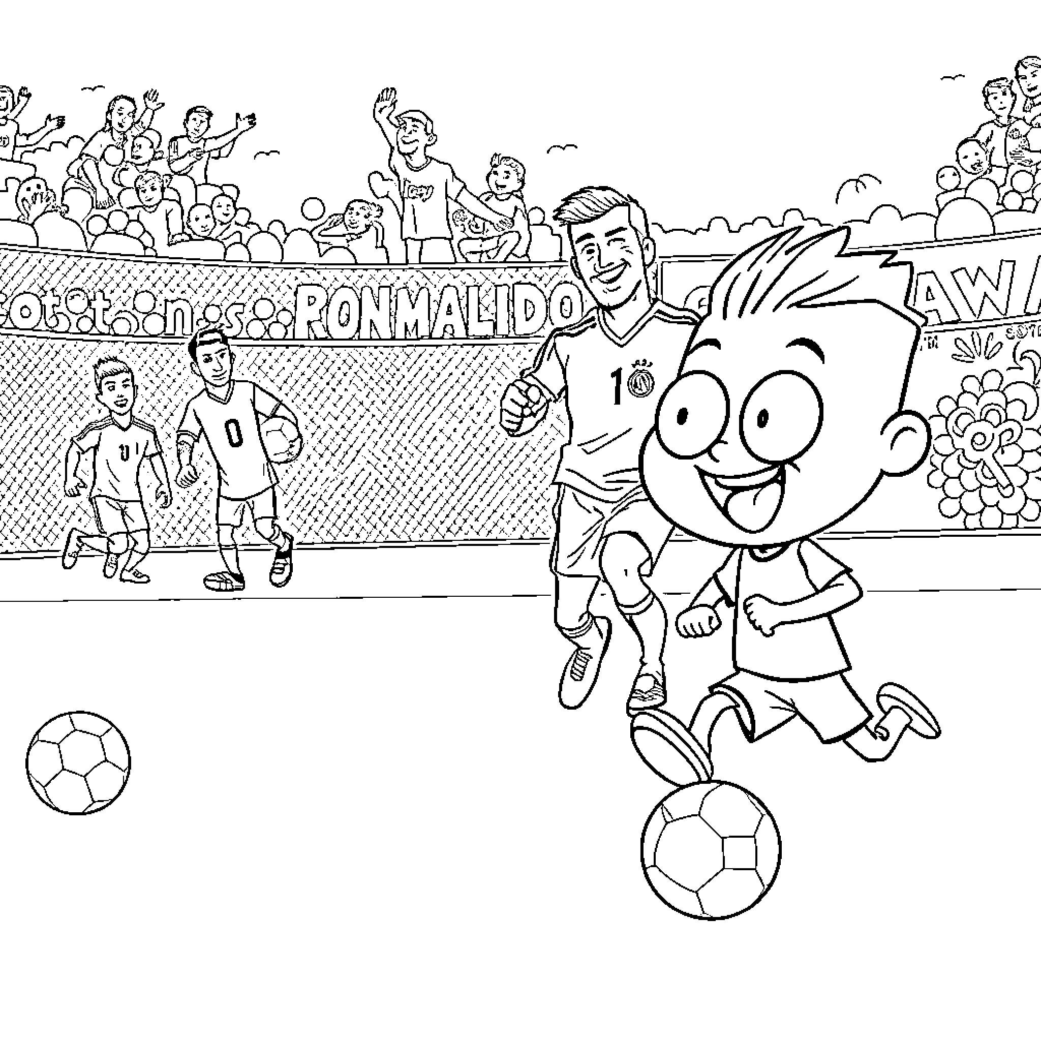 Gumball playing soccer in a stadium with fans Coloring Page (free black-and-white line drawing printable PDF for all, from beginners to advanced learners, including children, teens, adults, and seniors)
