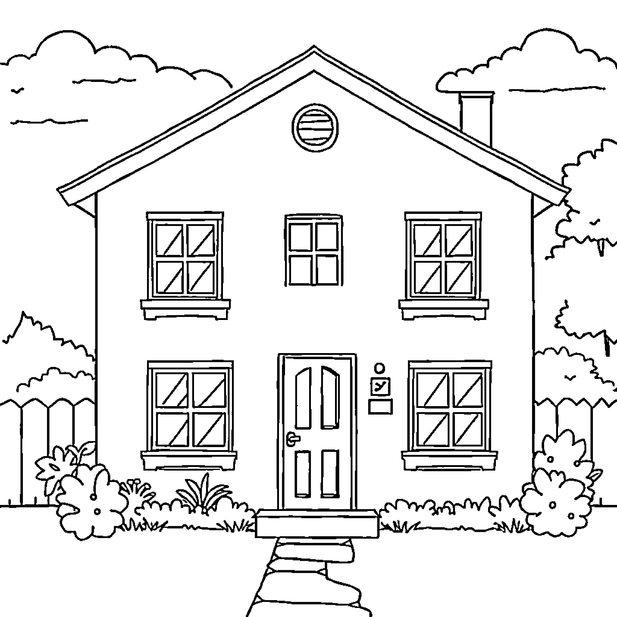 House with Exterior and Surrounding Landscape Coloring Page (free black-and-white line drawing printable PDF for all, from beginners to advanced learners, including children, teens, adults, and seniors)