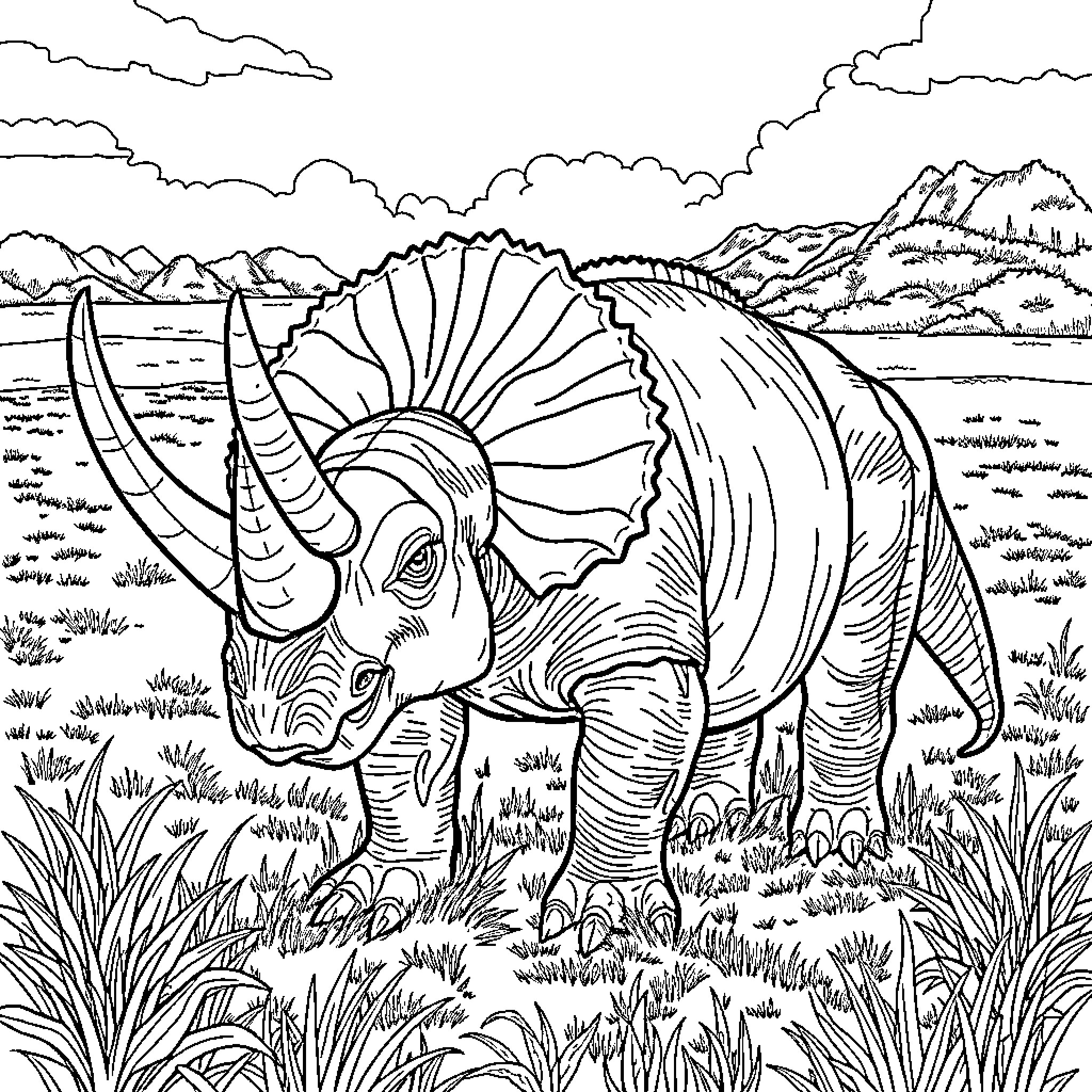 Triceratops standing in a serene landscape Coloring Page (free black-and-white line drawing printable PDF for all, from beginners to advanced learners, including children, teens, adults, and seniors)