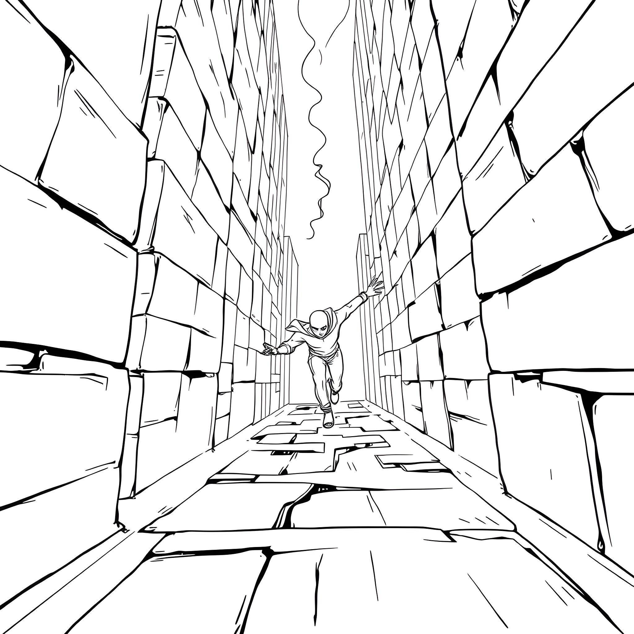 Escape from the City Maze Coloring Page (free black-and-white line drawing printable PDF for all, from beginners to advanced learners, including children, teens, adults, and seniors)