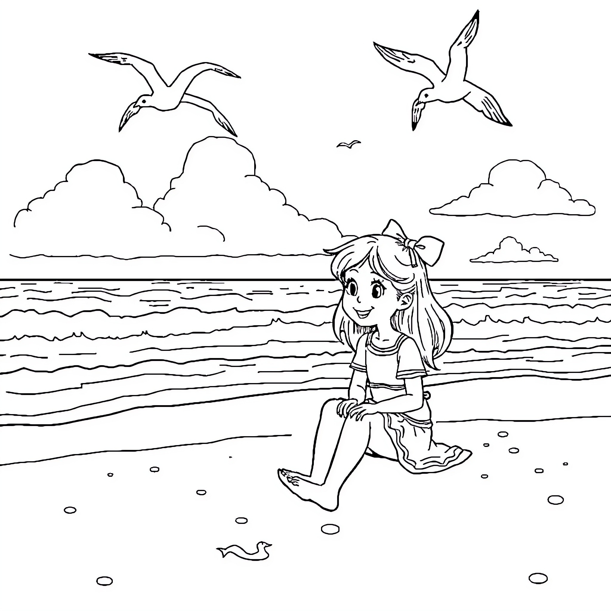 Gabby's Seaside Adventure Coloring Page (free black-and-white line drawing printable PDF for all, from beginners to advanced learners, including children, teens, adults, and seniors)