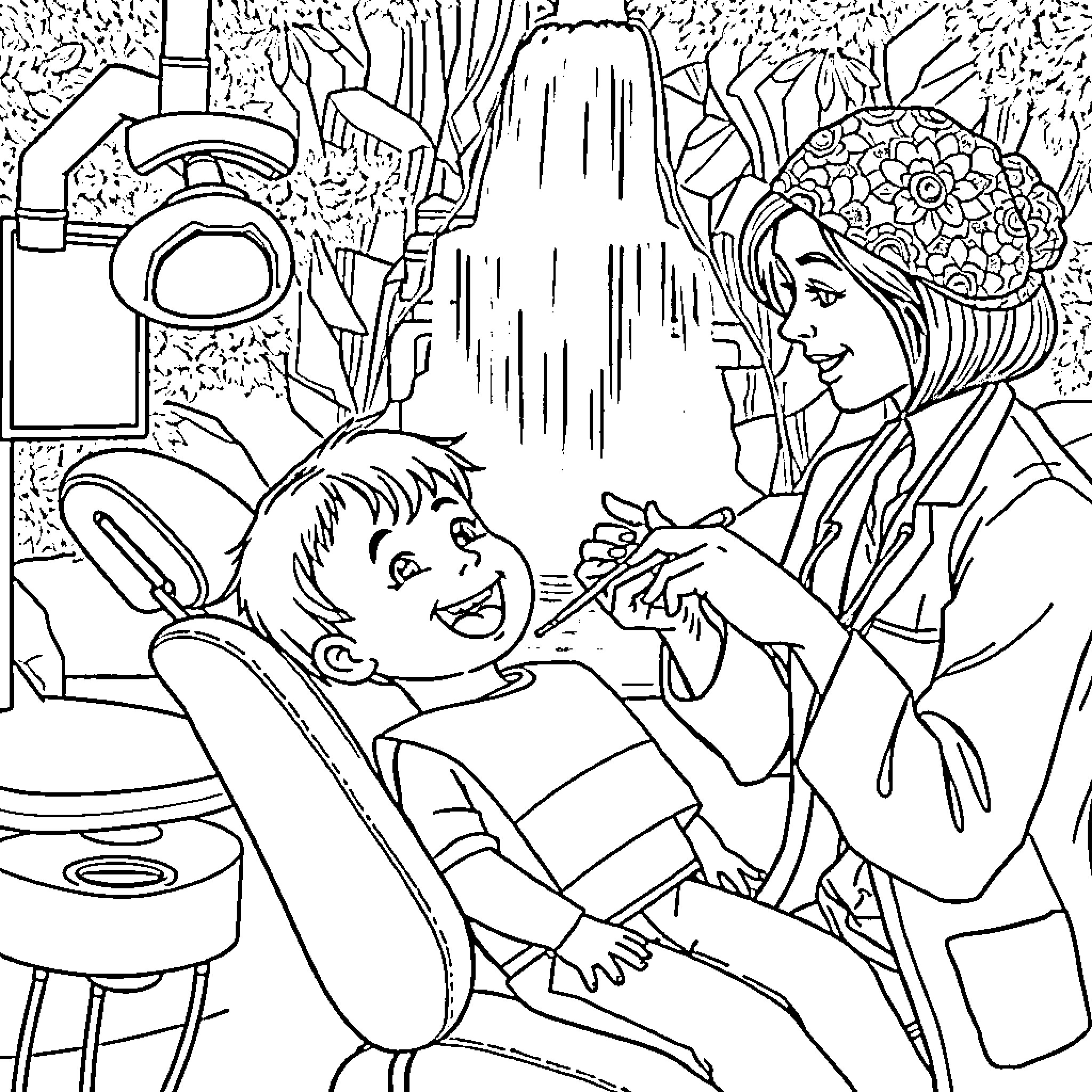 Child visiting dentist for checkup Coloring Page (free black-and-white line drawing printable PDF for all, from beginners to advanced learners, including children, teens, adults, and seniors)