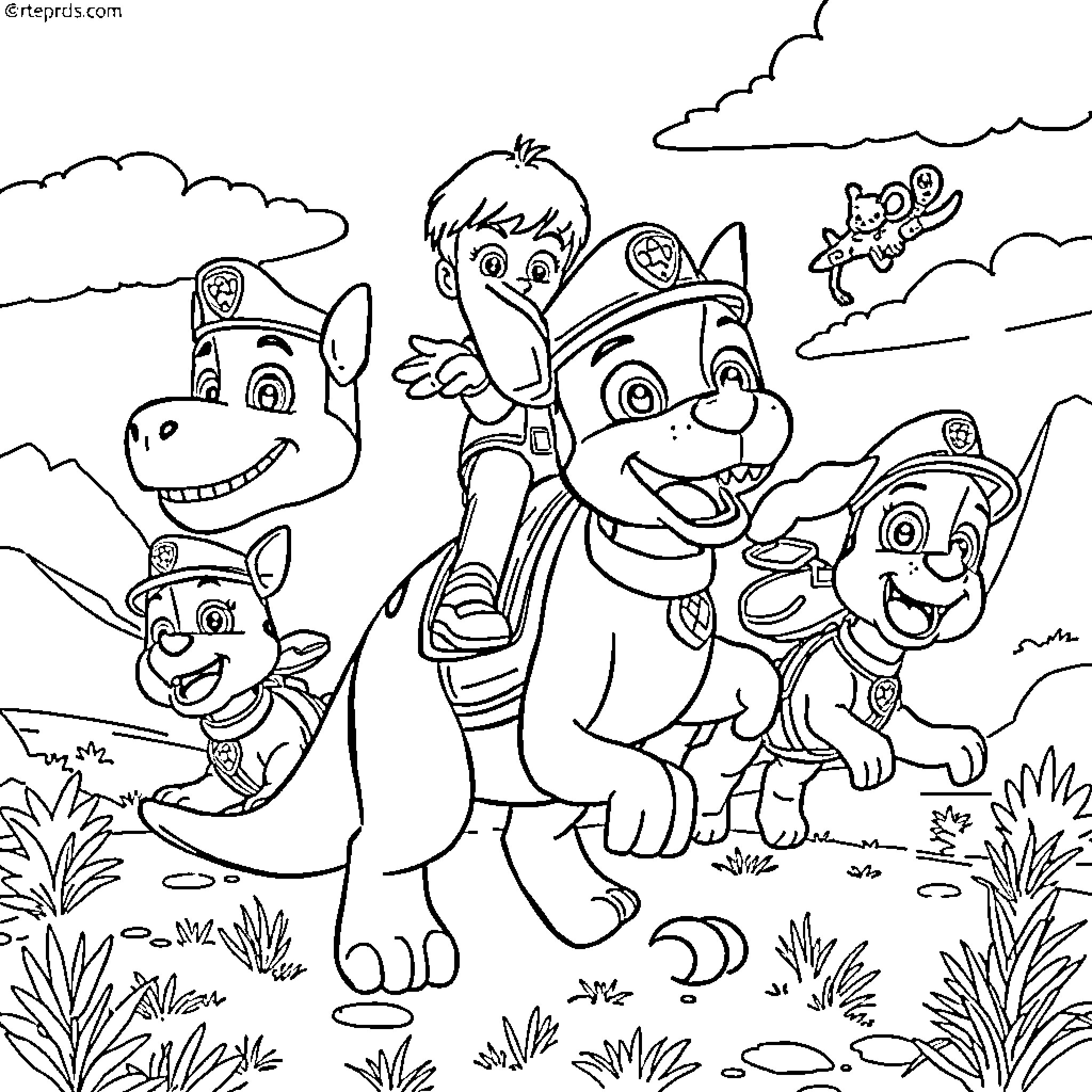 Picsou and the Paw Patrol team's outdoor adventure Coloring Page (free black-and-white line drawing printable PDF for all, from beginners to advanced learners, including children, teens, adults, and seniors)