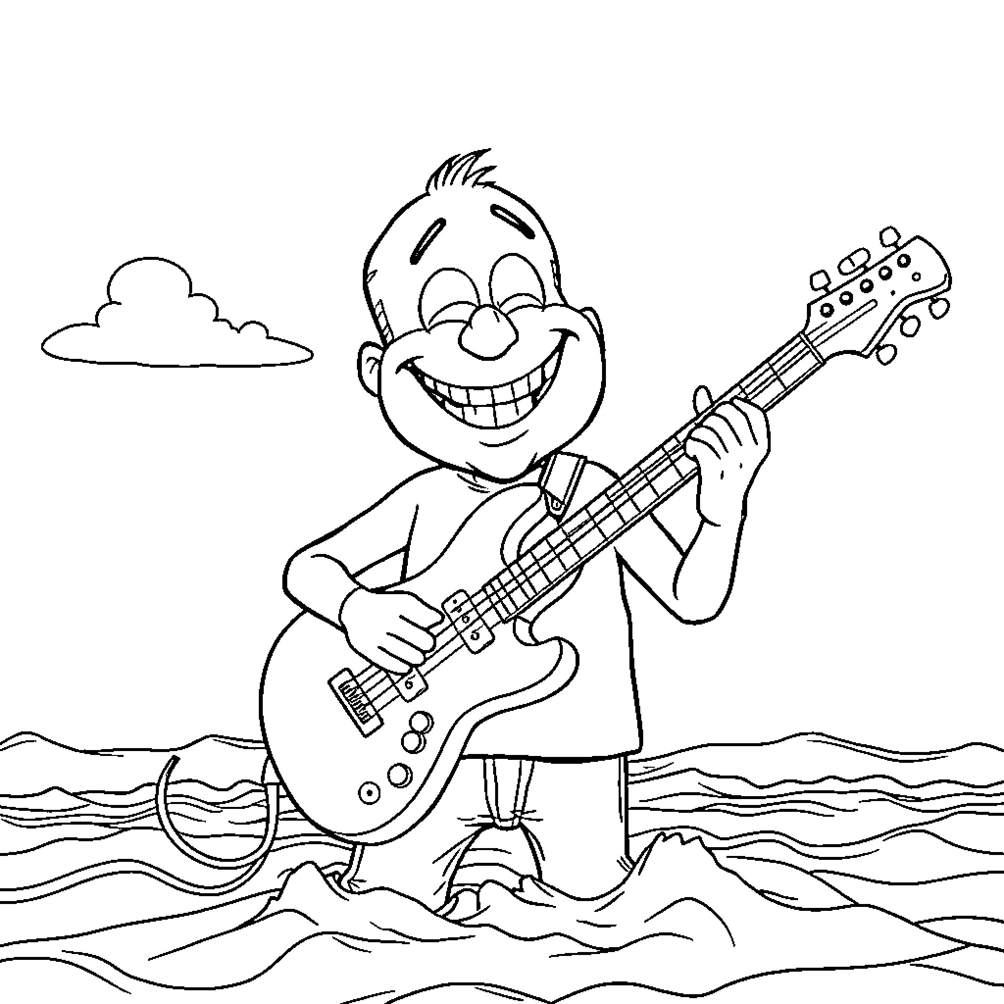 Bob esponja playing guitar on the beach Coloring Page (free black-and-white line drawing printable PDF for all, from beginners to advanced learners, including children, teens, adults, and seniors)