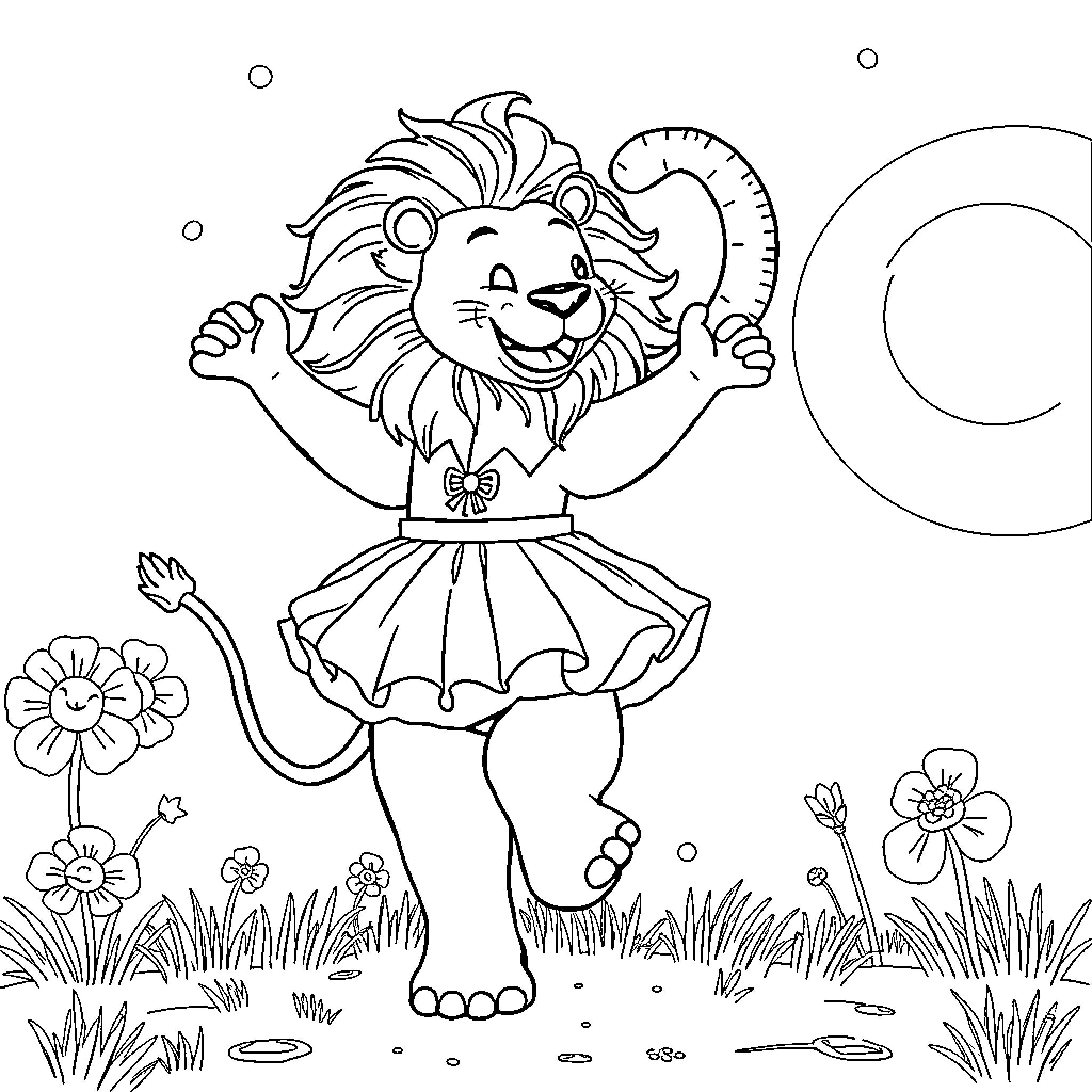 Lion in fancy costume dancing happily in meadow Coloring Page (free black-and-white line drawing printable PDF for all, from beginners to advanced learners, including children, teens, adults, and seniors)