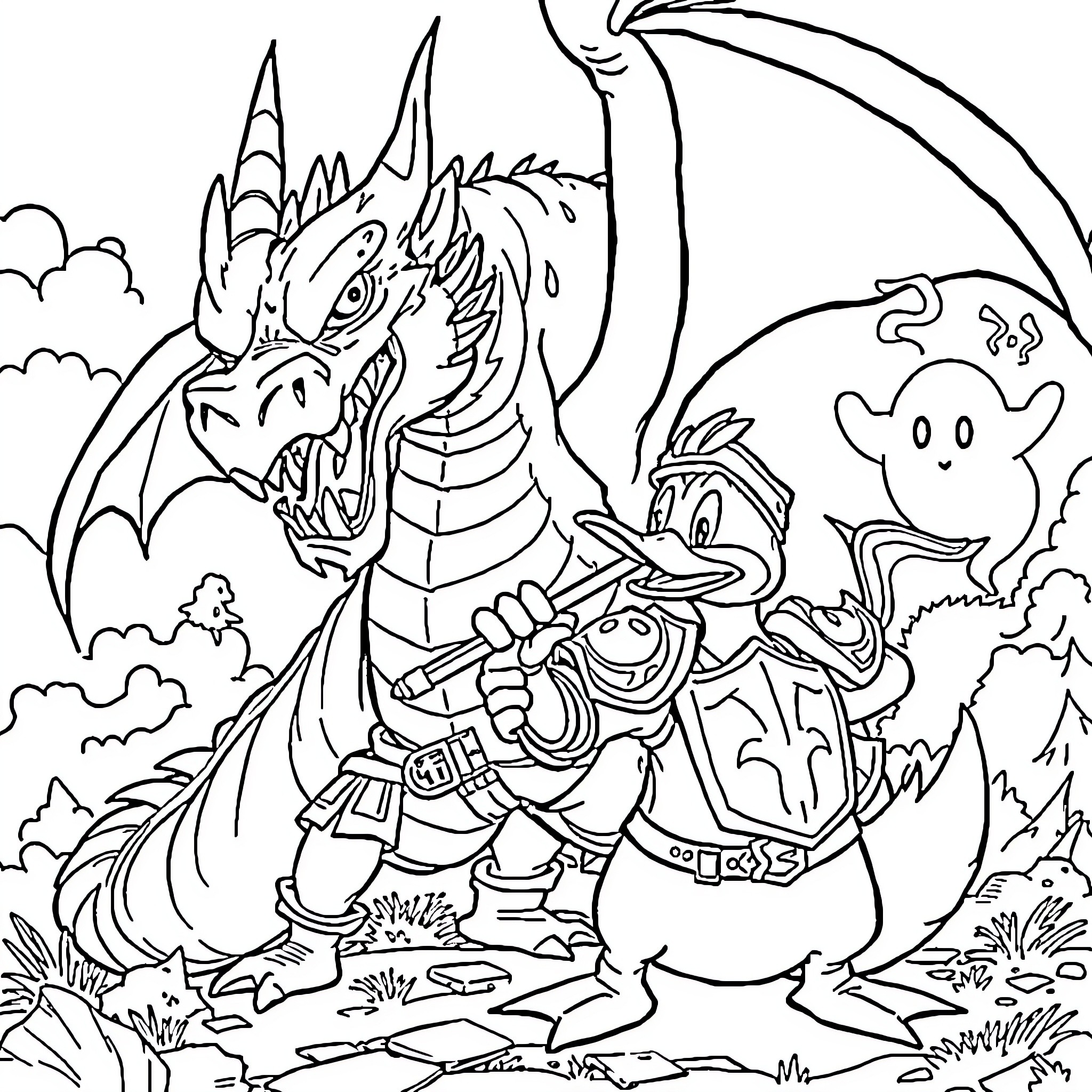 Psyduck facing a menacing dragon and friendly ghosts Coloring Page (free black-and-white line drawing printable PDF for all, from beginners to advanced learners, including children, teens, adults, and seniors)