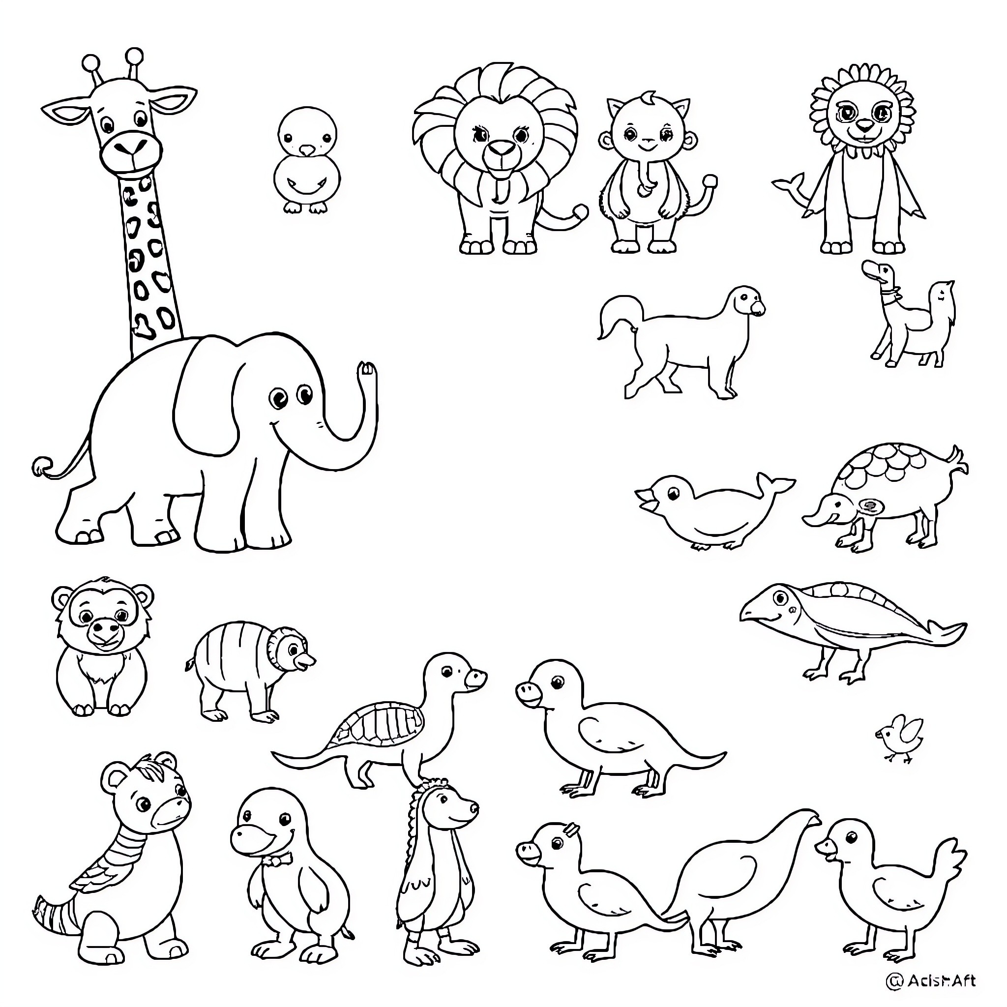 Animal Cartoon Characters in Various Poses Coloring Page (free black-and-white line drawing printable PDF for all, from beginners to advanced learners, including children, teens, adults, and seniors)