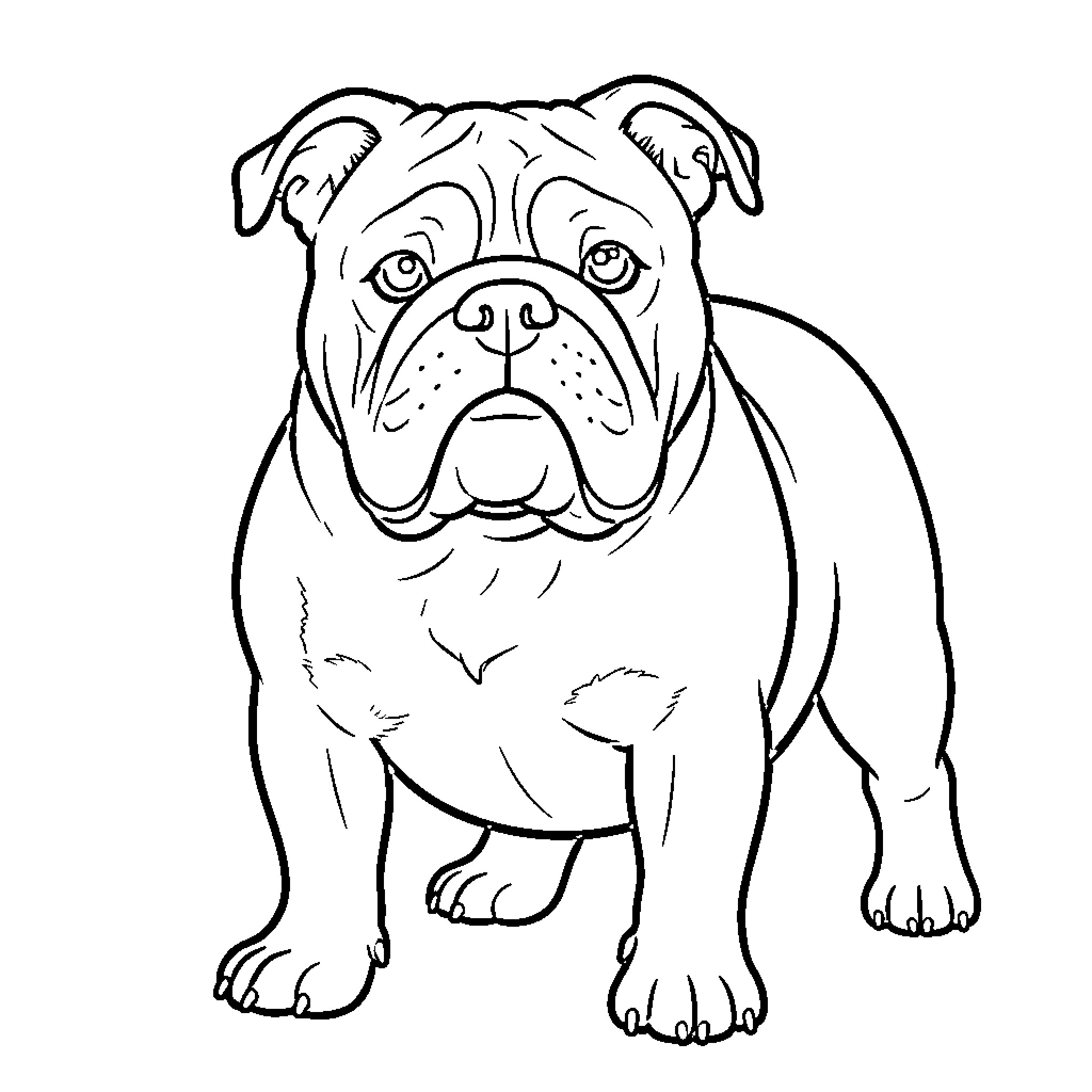 Bulldog with a curious expression Coloring Page (free black-and-white line drawing printable PDF for all, from beginners to advanced learners, including children, teens, adults, and seniors)