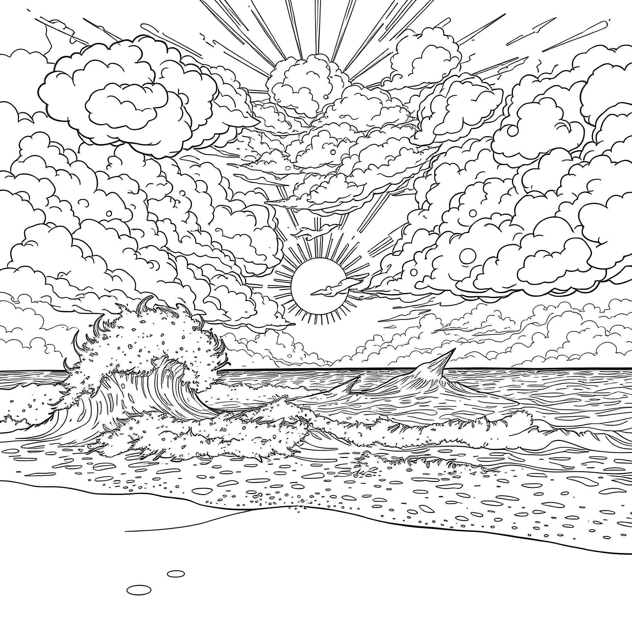 Thunder in the Stormy Sky by the Crashing Waves Coloring Page (free black-and-white line drawing printable PDF for all, from beginners to advanced learners, including children, teens, adults, and seniors)