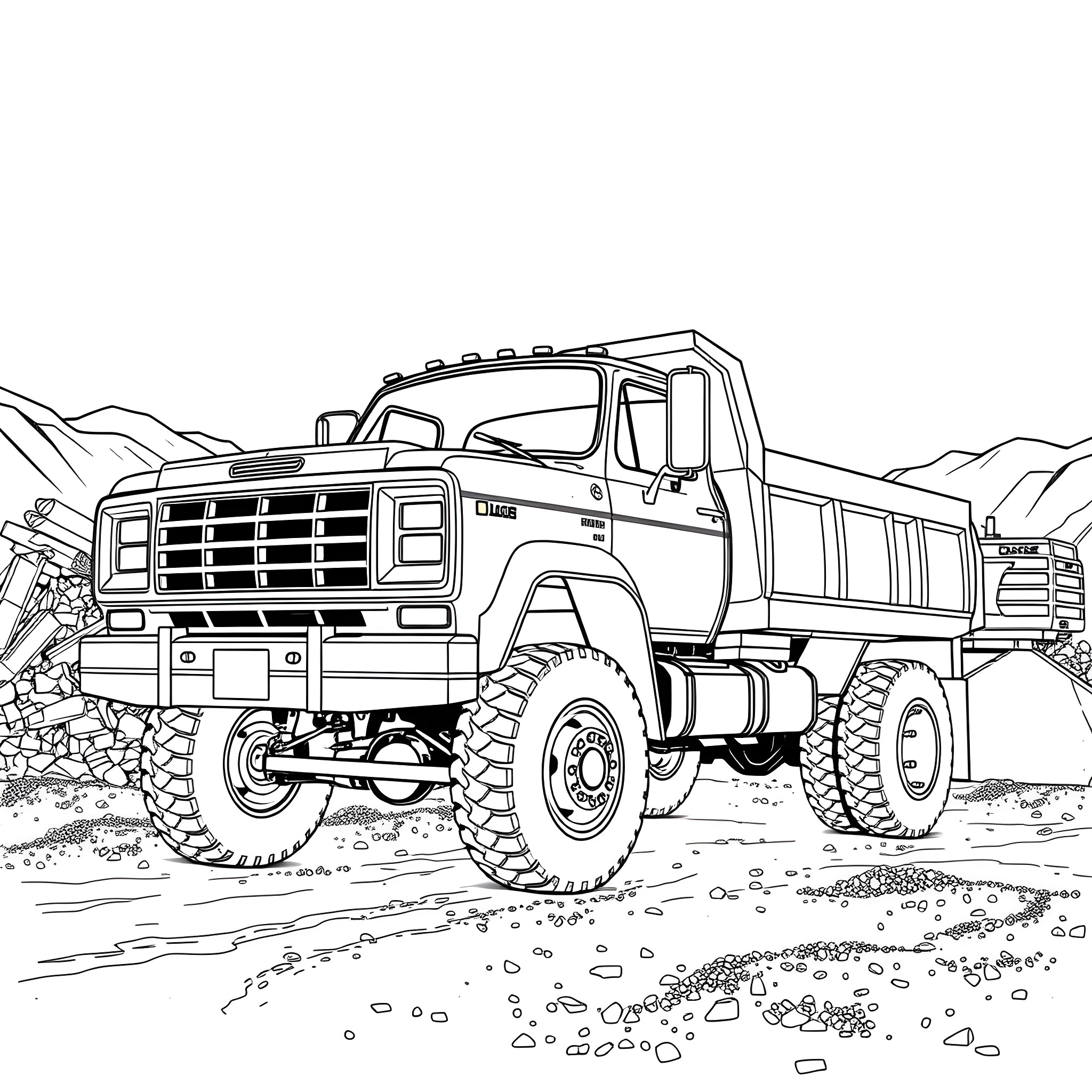 Dodge Dually truck carrying heavy load through rugged terrain Coloring Page (free black-and-white line drawing printable PDF for all, from beginners to advanced learners, including children, teens, adults, and seniors)