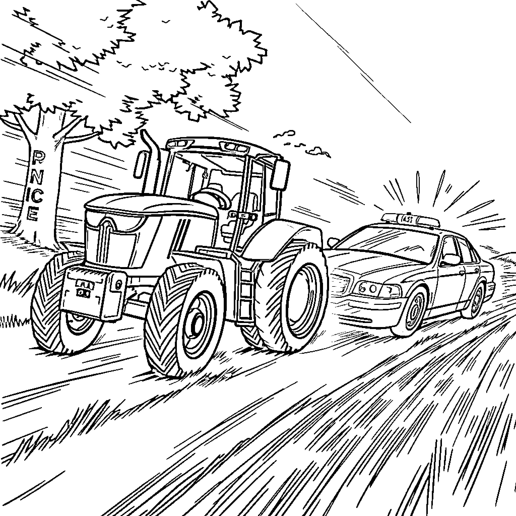 Tractor racing alongside police car on rural road Coloring Page (free black-and-white line drawing printable PDF for all, from beginners to advanced learners, including children, teens, adults, and seniors)