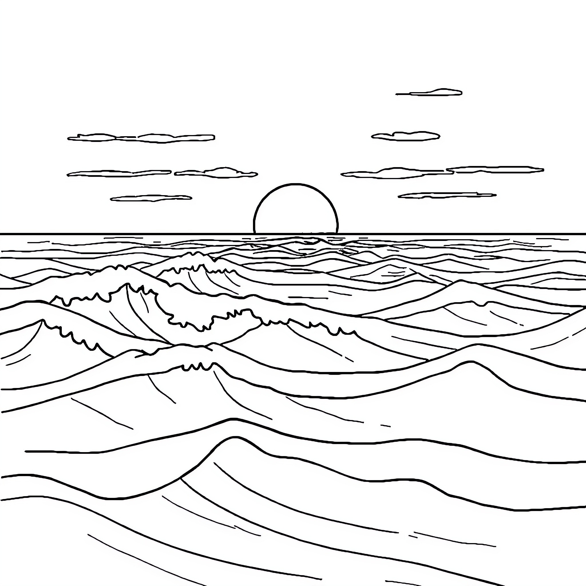 Sea sunset over the waves Coloring Page (free black-and-white line drawing printable PDF for all, from beginners to advanced learners, including children, teens, adults, and seniors)