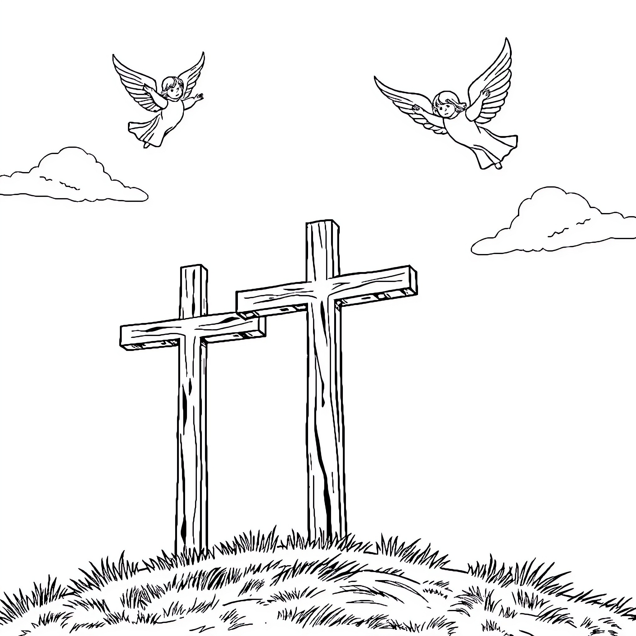 Cross displaying angelic figures in the sky Coloring Page (free black-and-white line drawing printable PDF for all, from beginners to advanced learners, including children, teens, adults, and seniors)