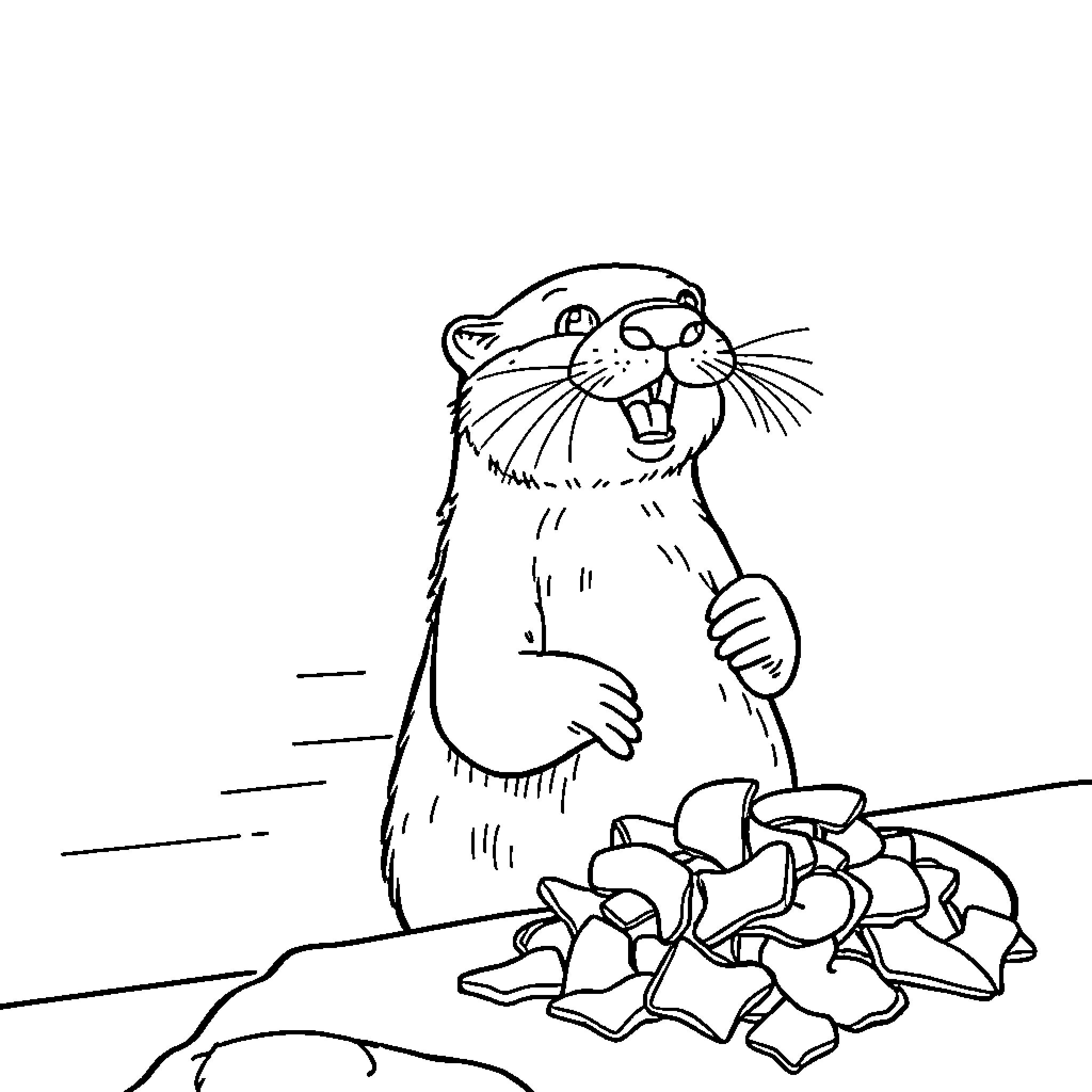 Otter inspecting a pile of seashells Coloring Page (free black-and-white line drawing printable PDF for all, from beginners to advanced learners, including children, teens, adults, and seniors)
