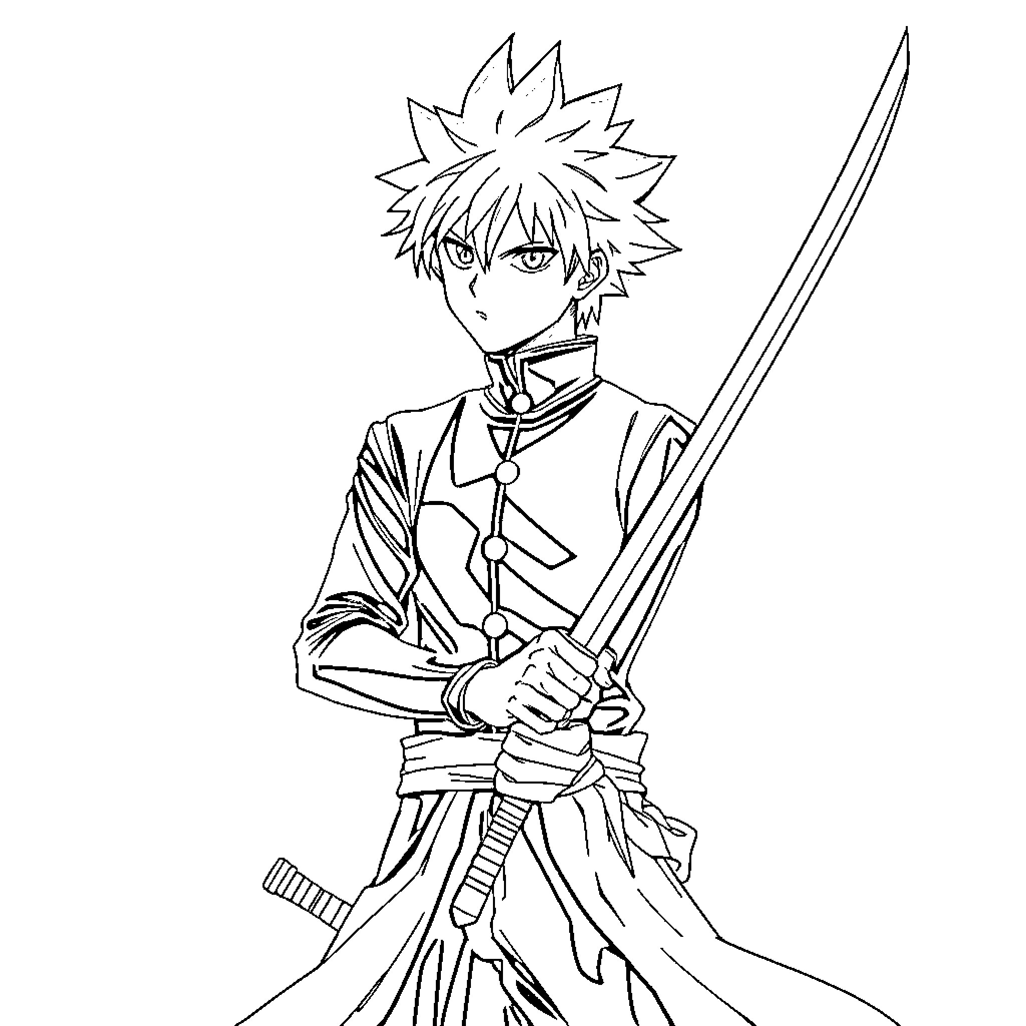 Ichigo Kurosaki in battle stance with sword drawn Coloring Page (free black-and-white line drawing printable PDF for all, from beginners to advanced learners, including children, teens, adults, and seniors)