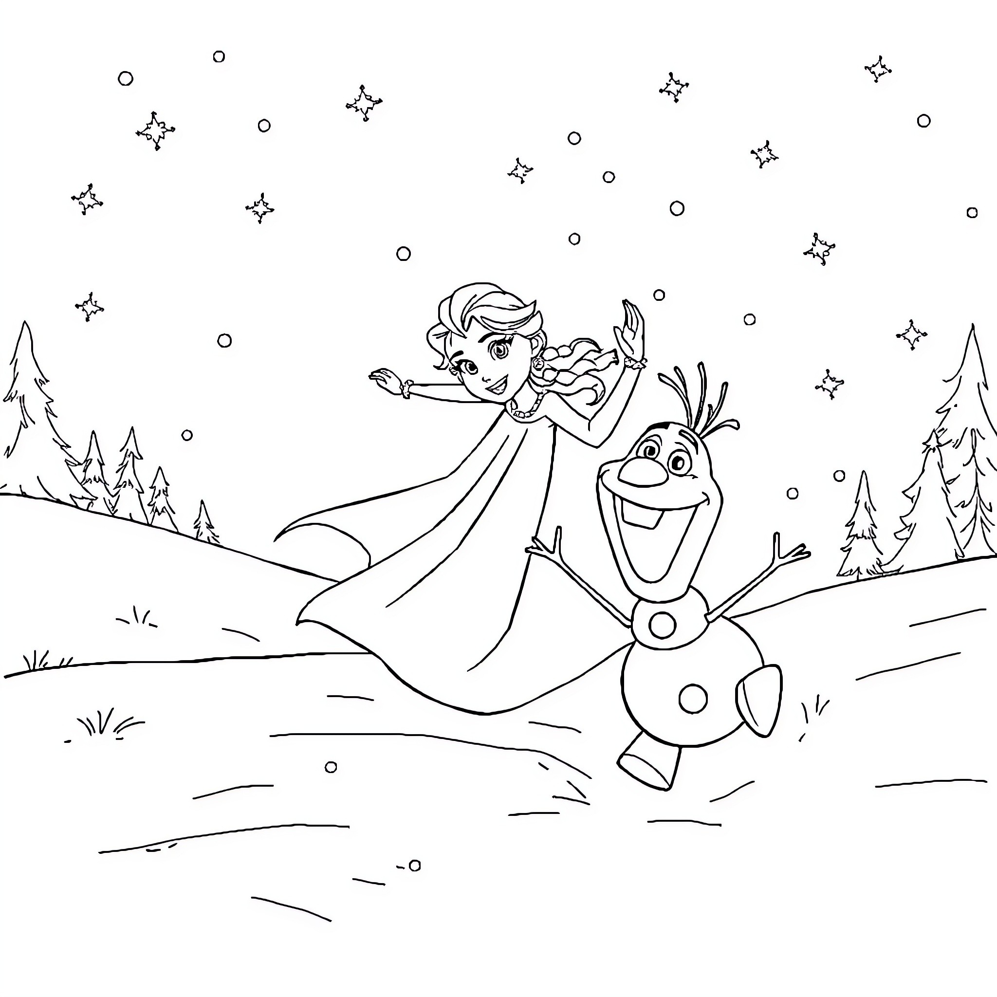 Elsa and Olaf enjoying a snowy adventure Coloring Page (free black-and-white line drawing printable PDF for all, from beginners to advanced learners, including children, teens, adults, and seniors)