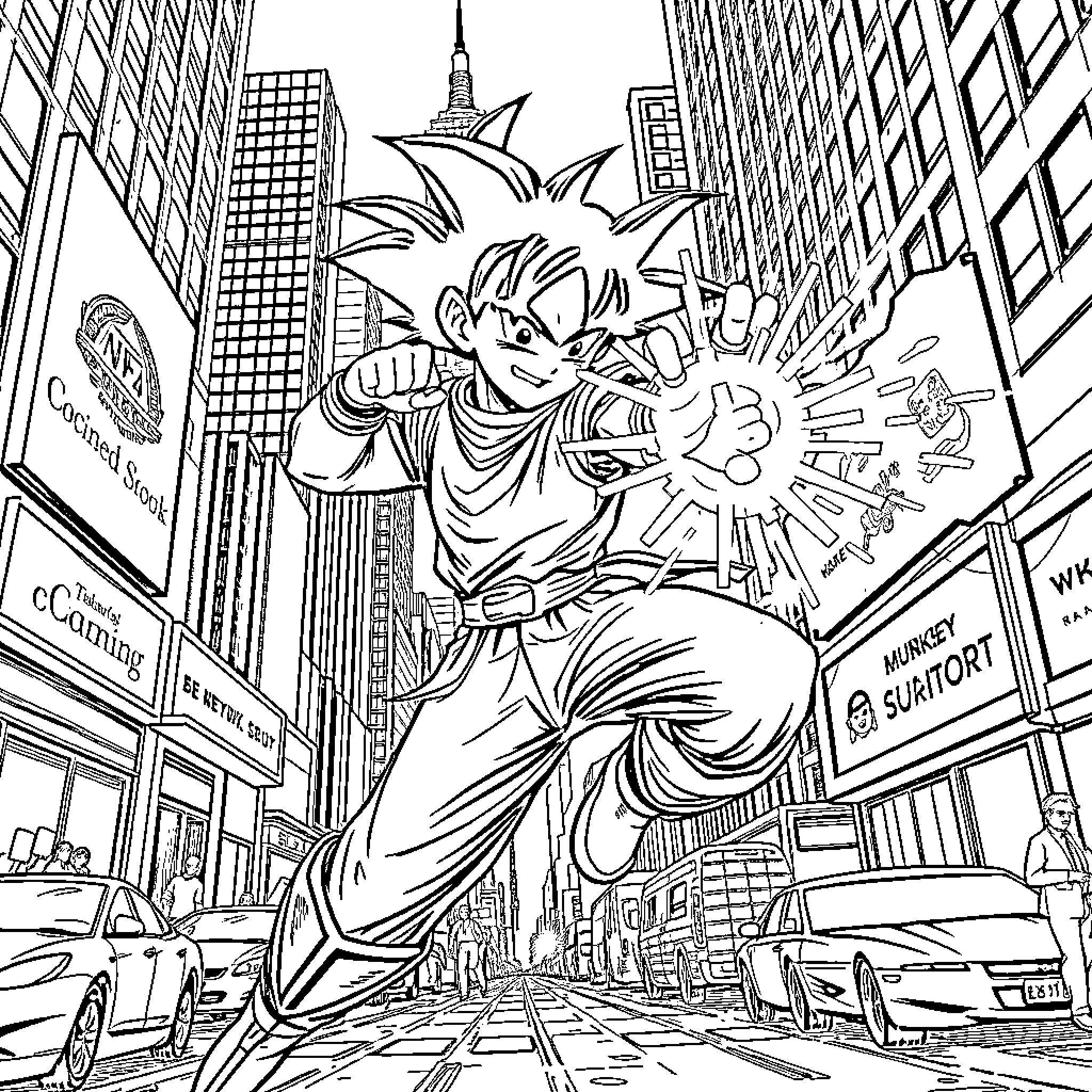 Deku Unleashing Power in the City Streets Coloring Page (free black-and-white line drawing printable PDF for all, from beginners to advanced learners, including children, teens, adults, and seniors)