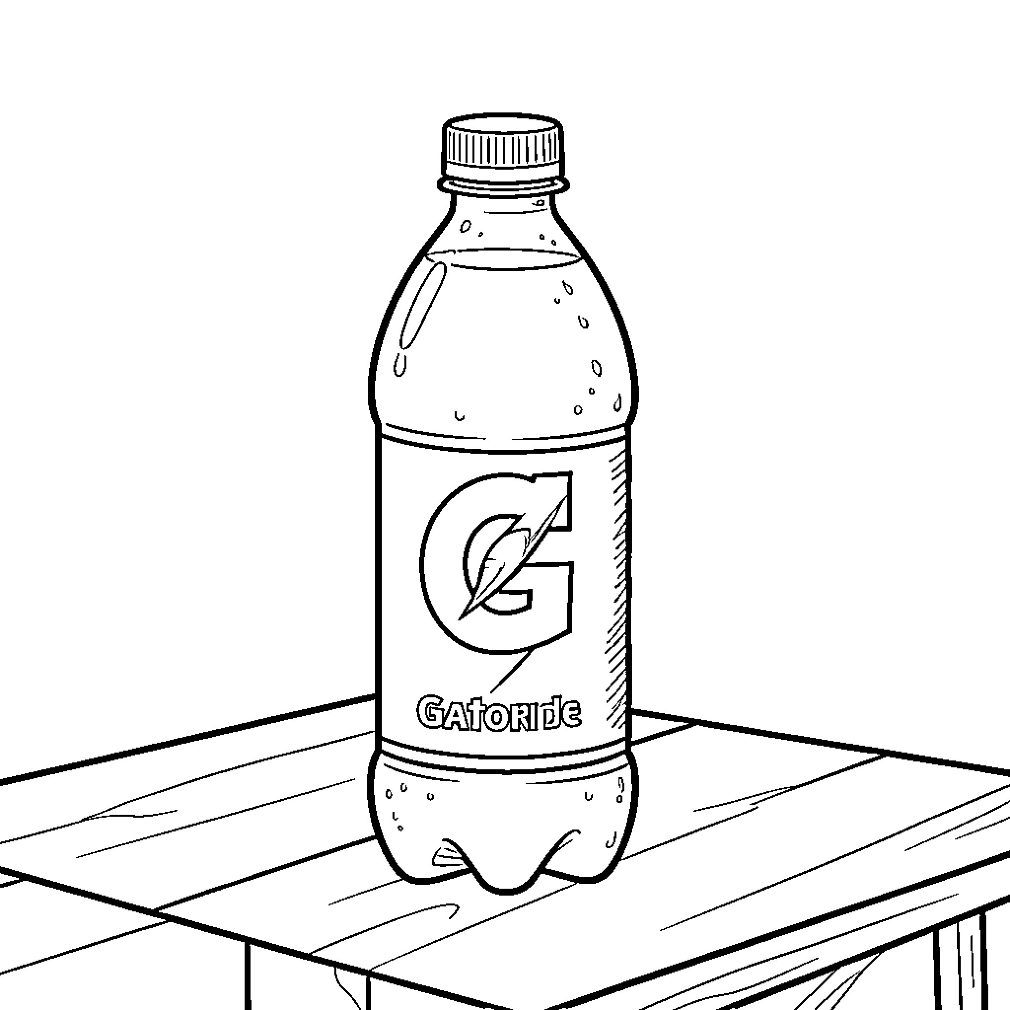 Gatorade bottle sitting on a wooden table Coloring Page (free black-and-white line drawing printable PDF for all, from beginners to advanced learners, including children, teens, adults, and seniors)