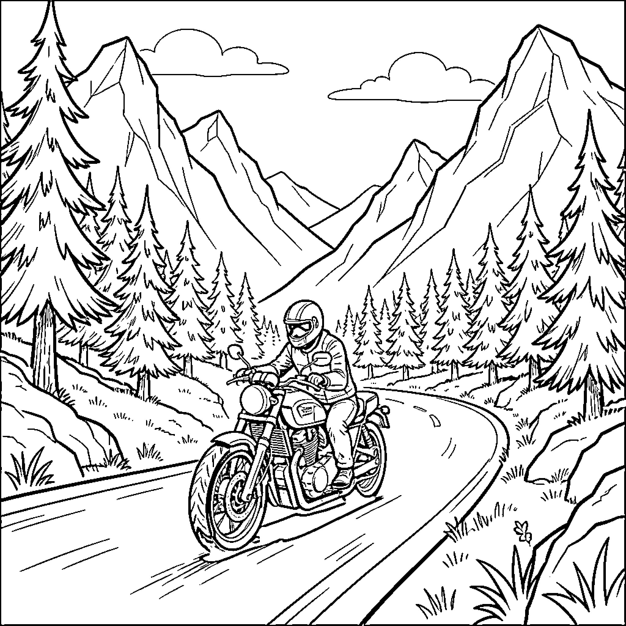 Motorcycle riding through mountainous landscape Coloring Page (free black-and-white line drawing printable PDF for all, from beginners to advanced learners, including children, teens, adults, and seniors)