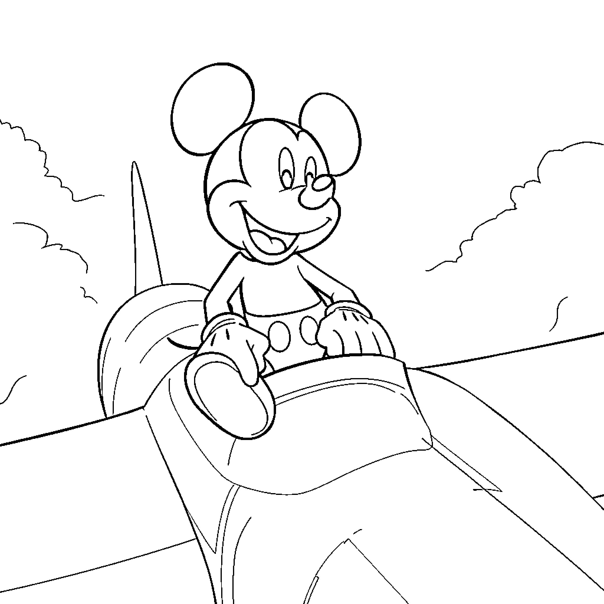 Mickey Mouse cheerfully driving a car Coloring Page (free black-and-white line drawing printable PDF for all, from beginners to advanced learners, including children, teens, adults, and seniors)