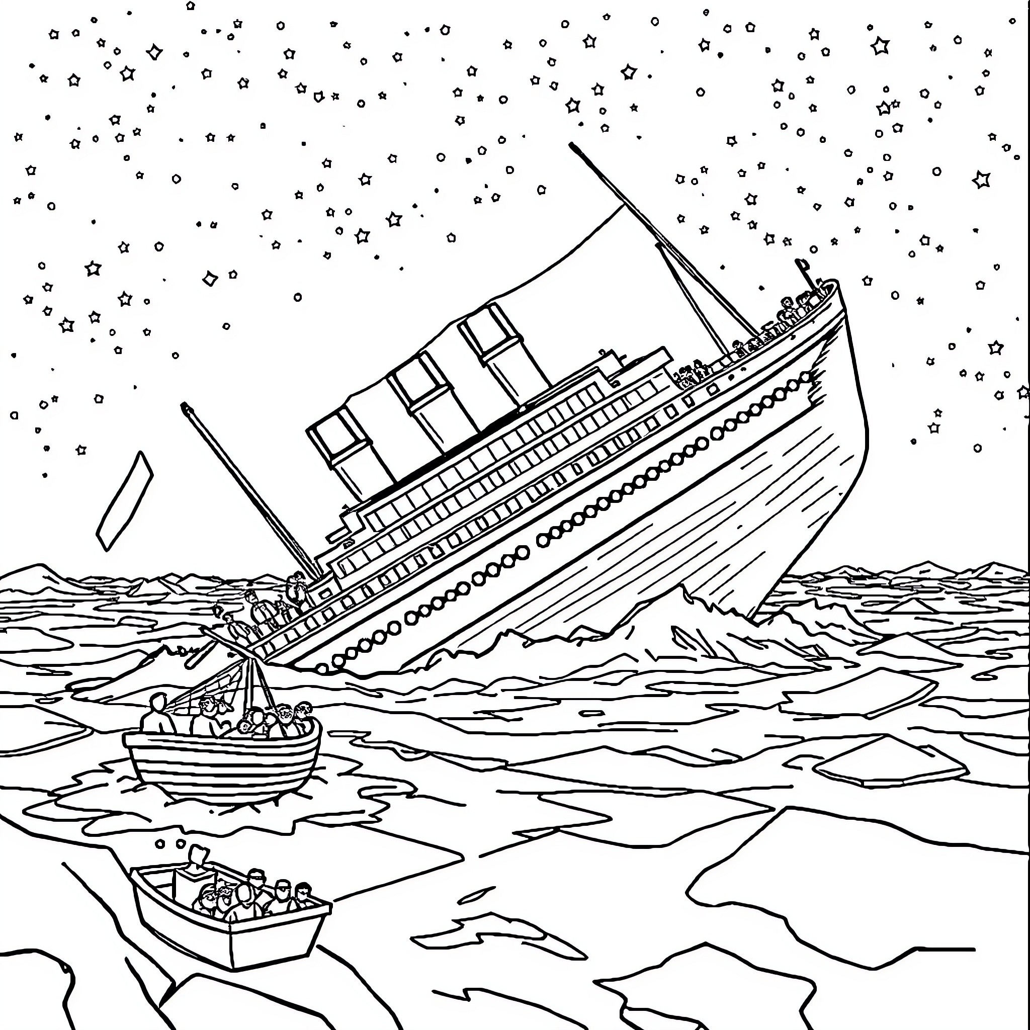 Titanic sinking in the starry night Coloring Page (free black-and-white line drawing printable PDF for all, from beginners to advanced learners, including children, teens, adults, and seniors)