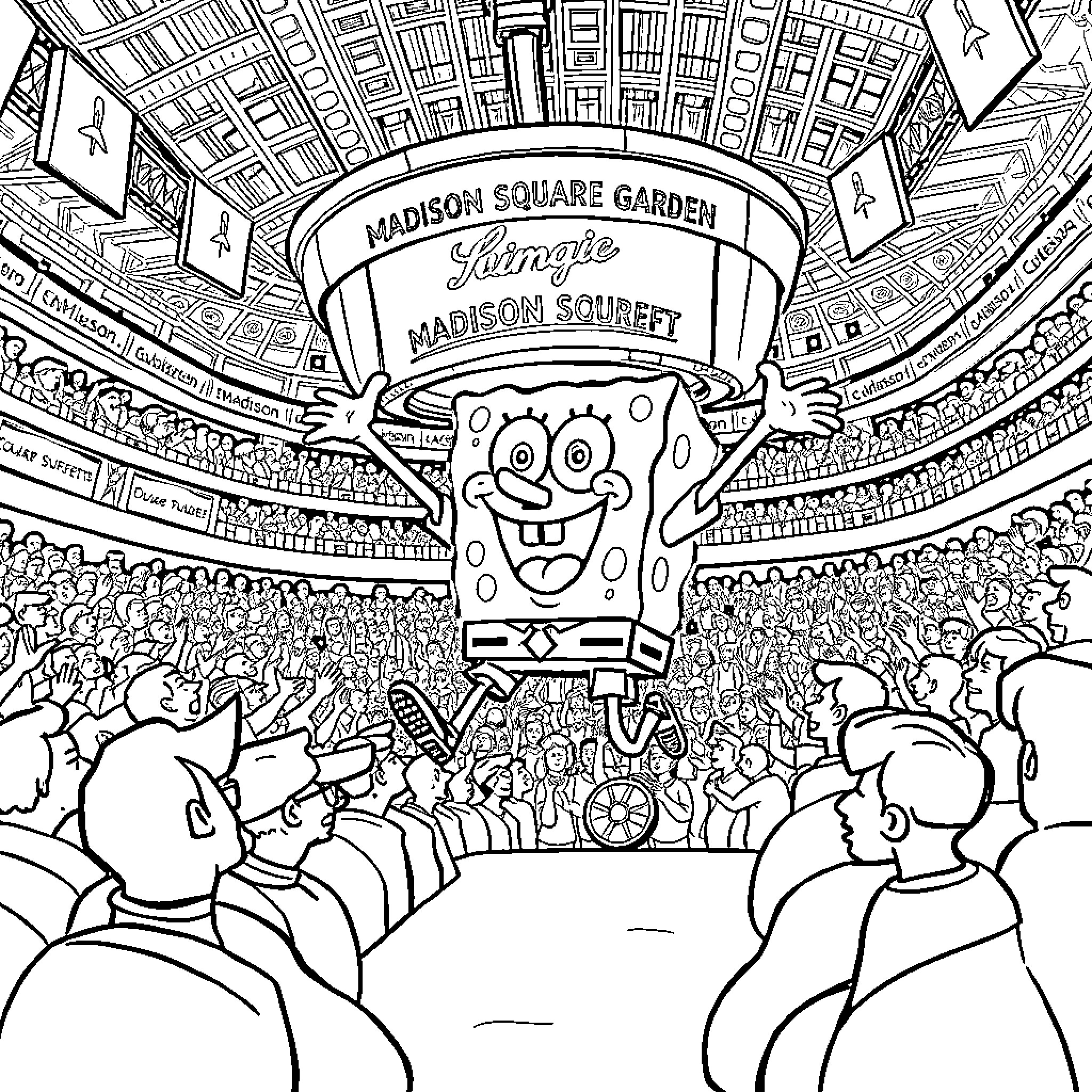 Spongebob performs at the iconic Madison Square Garden Coloring Page (free black-and-white line drawing printable PDF for all, from beginners to advanced learners, including children, teens, adults, and seniors)
