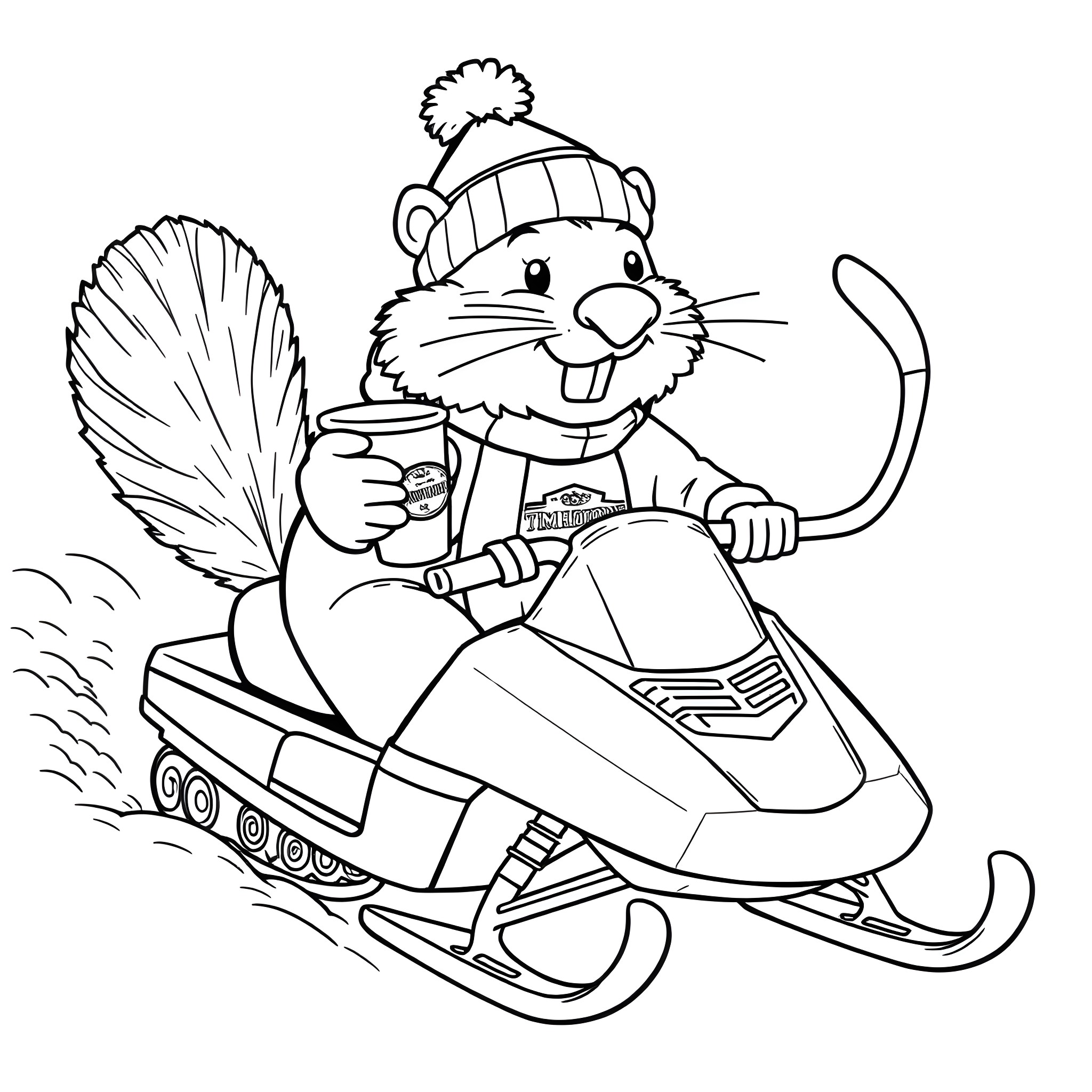 Beaver riding a snowmobile in winter outfit Coloring Page (free black-and-white line drawing printable PDF for all, from beginners to advanced learners, including children, teens, adults, and seniors)