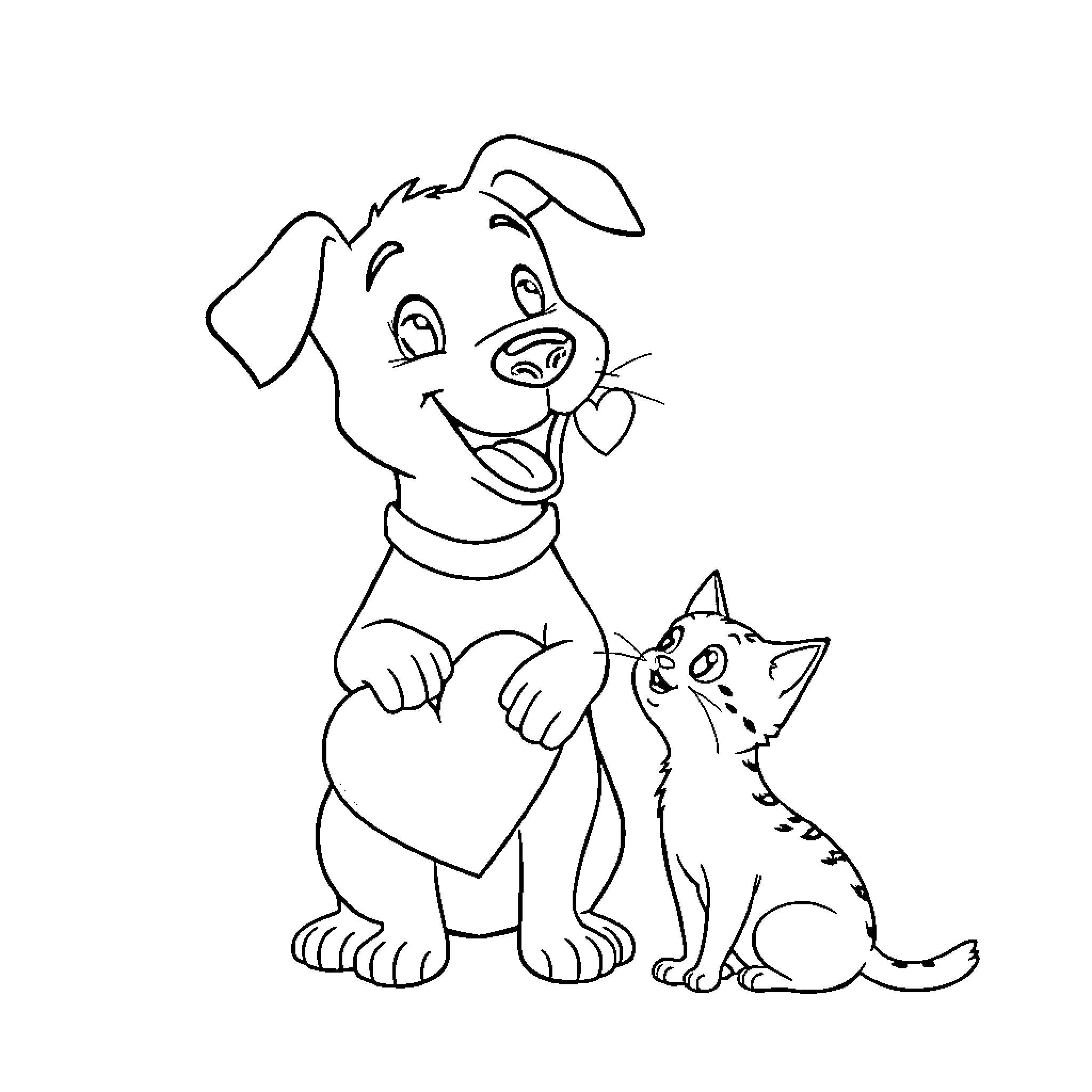 Dog and cat playing together happily Coloring Page (free black-and-white line drawing printable PDF for all, from beginners to advanced learners, including children, teens, adults, and seniors)