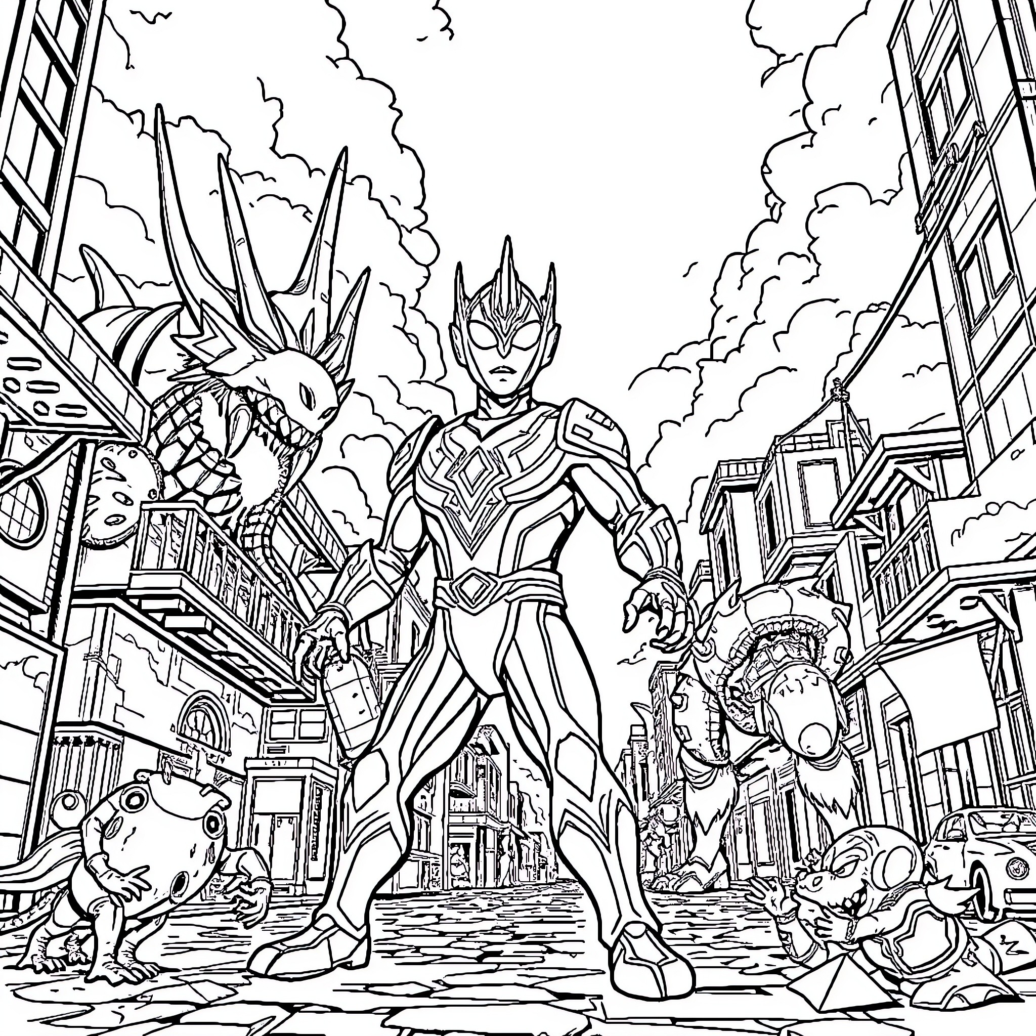 Ultraman fighting monsters in the city Coloring Page (free black-and-white line drawing printable PDF for all, from beginners to advanced learners, including children, teens, adults, and seniors)