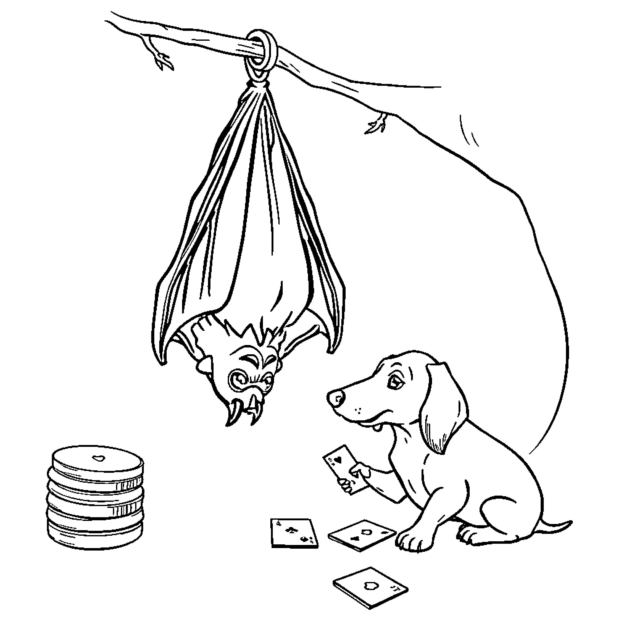 Fruit Bat playing with dog and cards Coloring Page (free black-and-white line drawing printable PDF for all, from beginners to advanced learners, including children, teens, adults, and seniors)