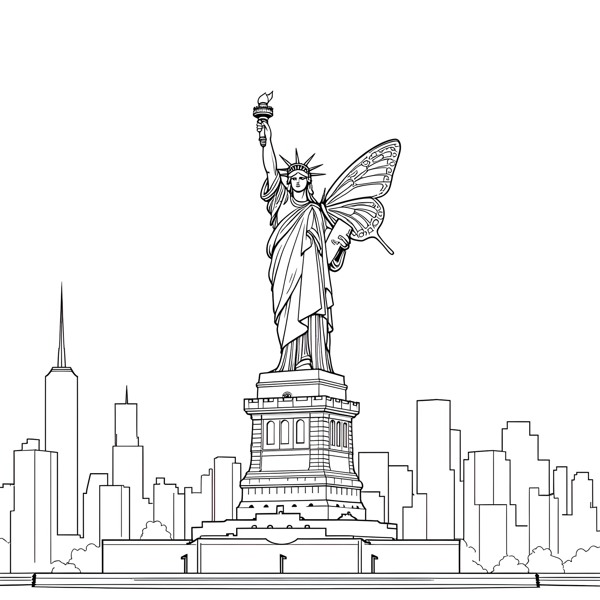 Butterfly-winged Statue of Liberty in New York City Coloring Page (free black-and-white line drawing printable PDF for all, from beginners to advanced learners, including children, teens, adults, and seniors)